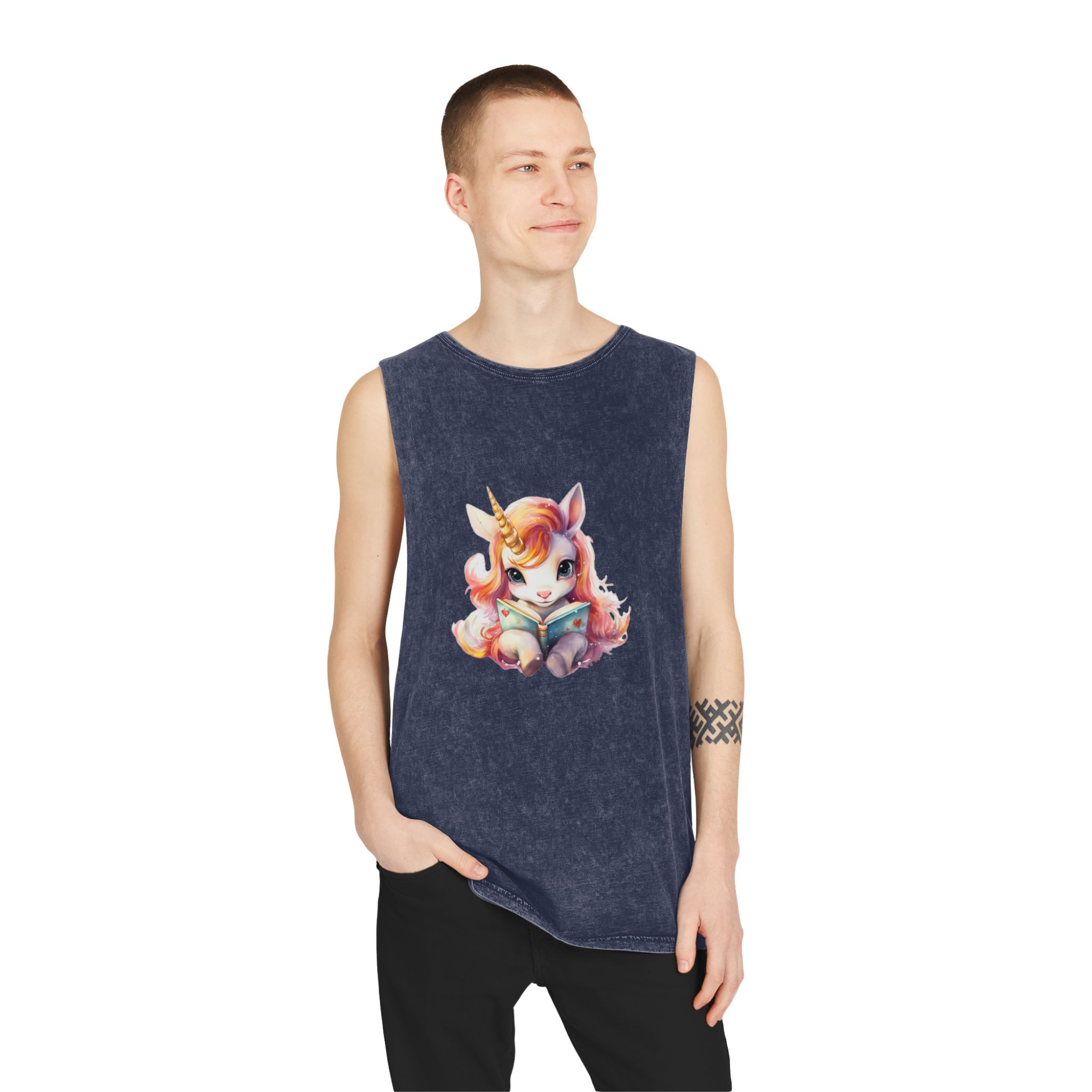 Unicorn Reading Book With Unicorn Horn Her Head Generative Ai Unisex Stonewash Tank Top - Image 15