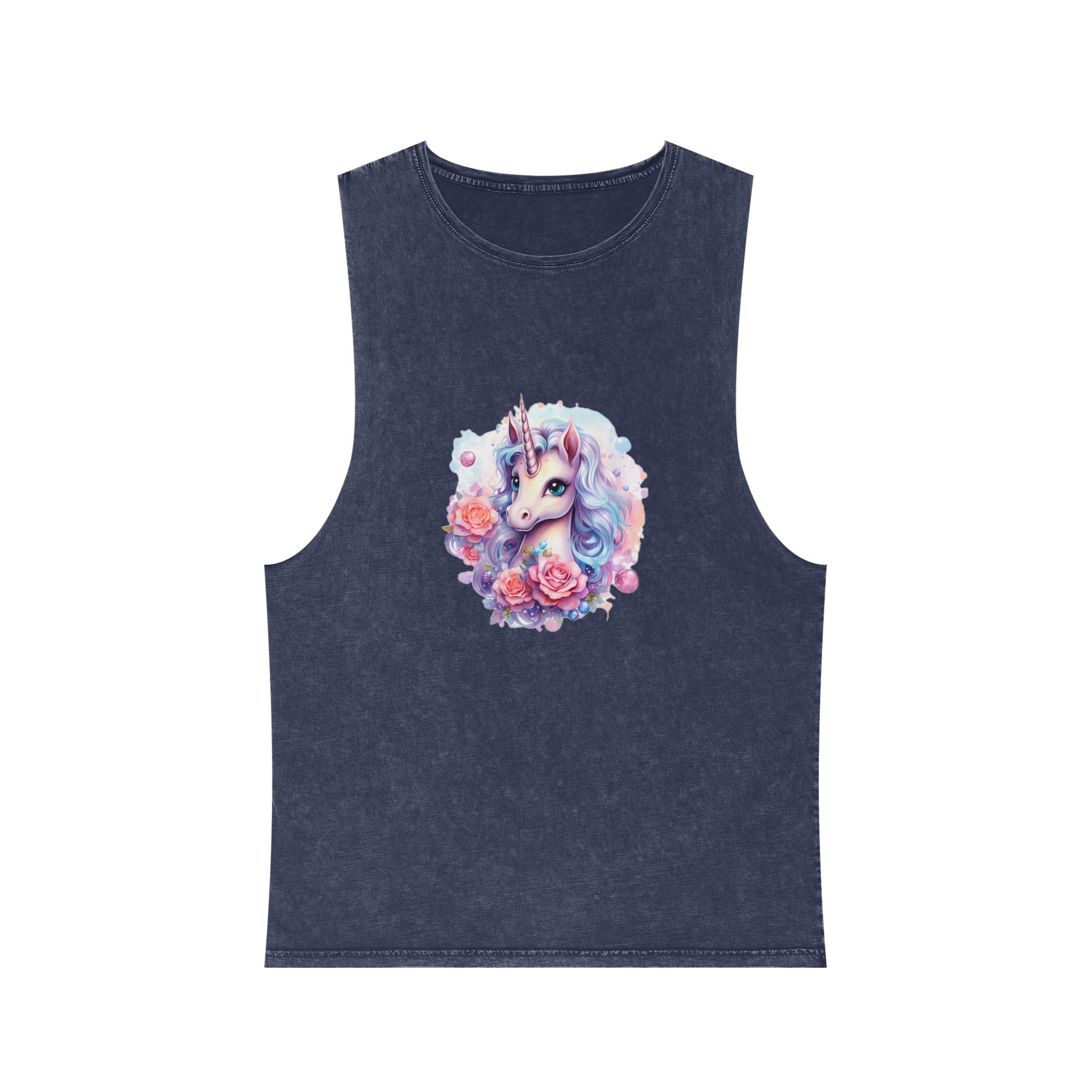 Cute Colorful Magic Unicorn With Flowers Watercolor Style (8) Copy Unisex Stonewash Tank Top - Image 13