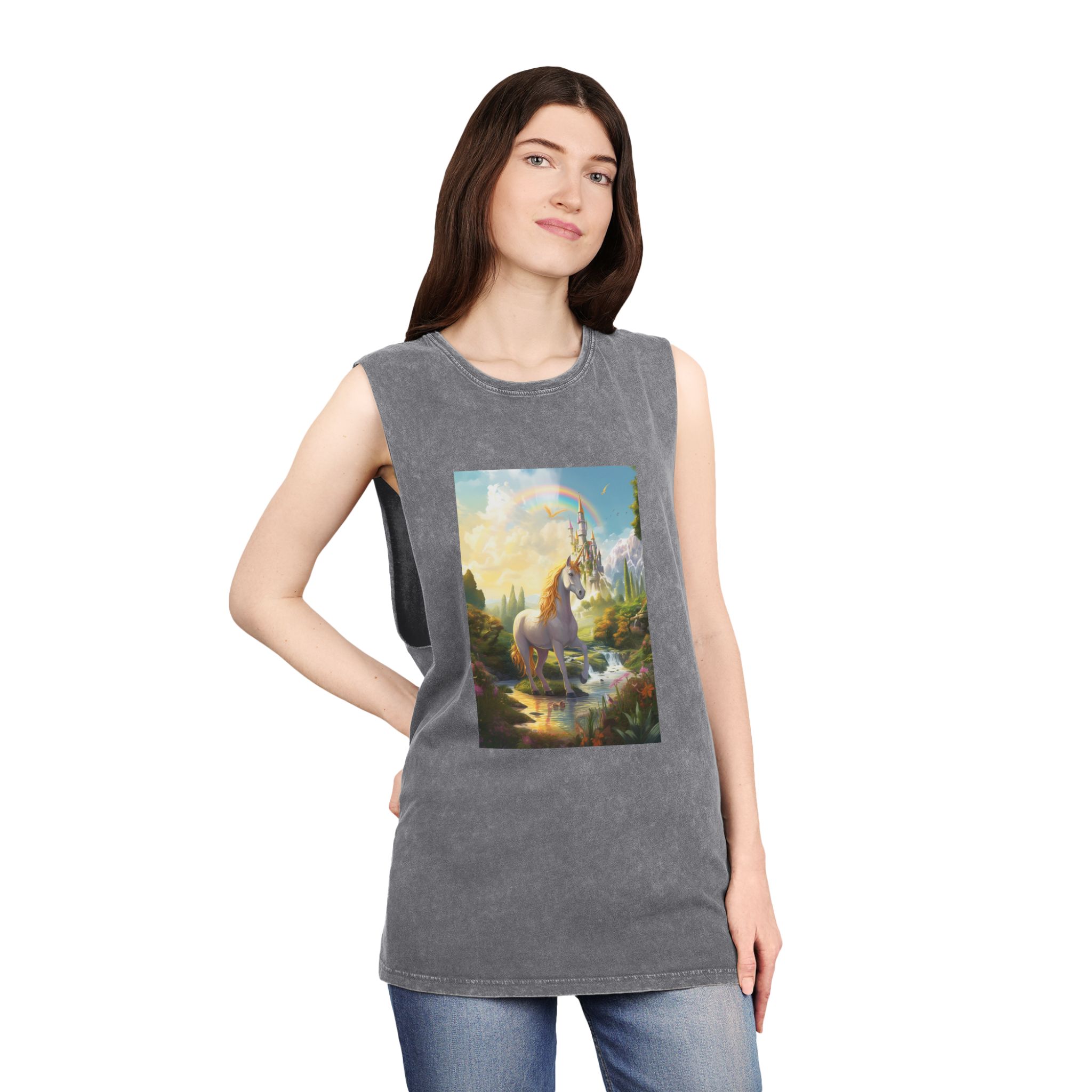 Painting Unicorn Fantasy Setting With Castle Background Generative Ai Unisex Stonewash Tank Top - Image 12