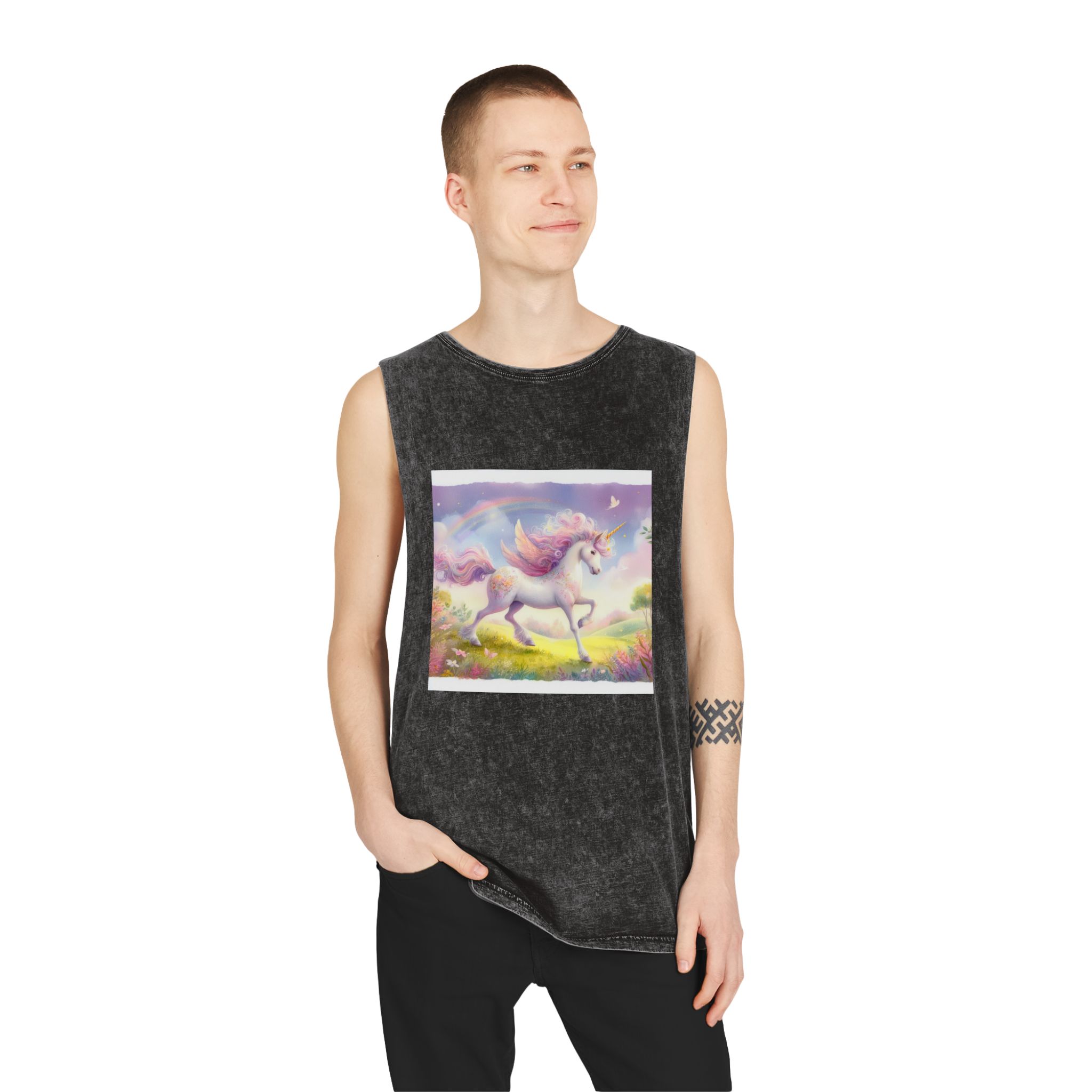 Beautiful Unicorn Running Magical Meadow Unicorn Background Images Whimsical Unicorn (10) Unisex Stonewash Tank Top - Image 3