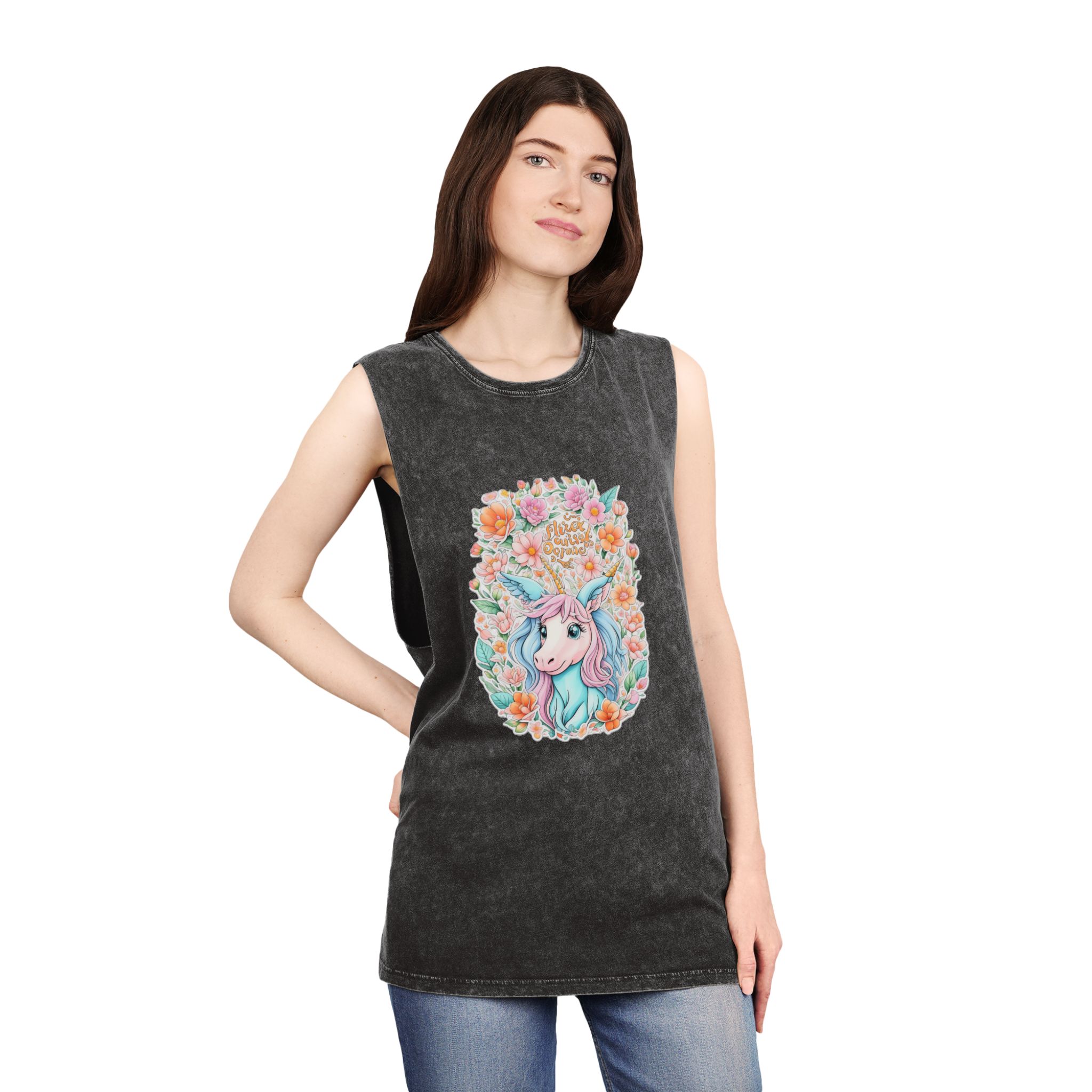 Beautiful Cute Unicorn With Colorful Fantasy Flowers (1) Unisex Stonewash Tank Top - Image 4