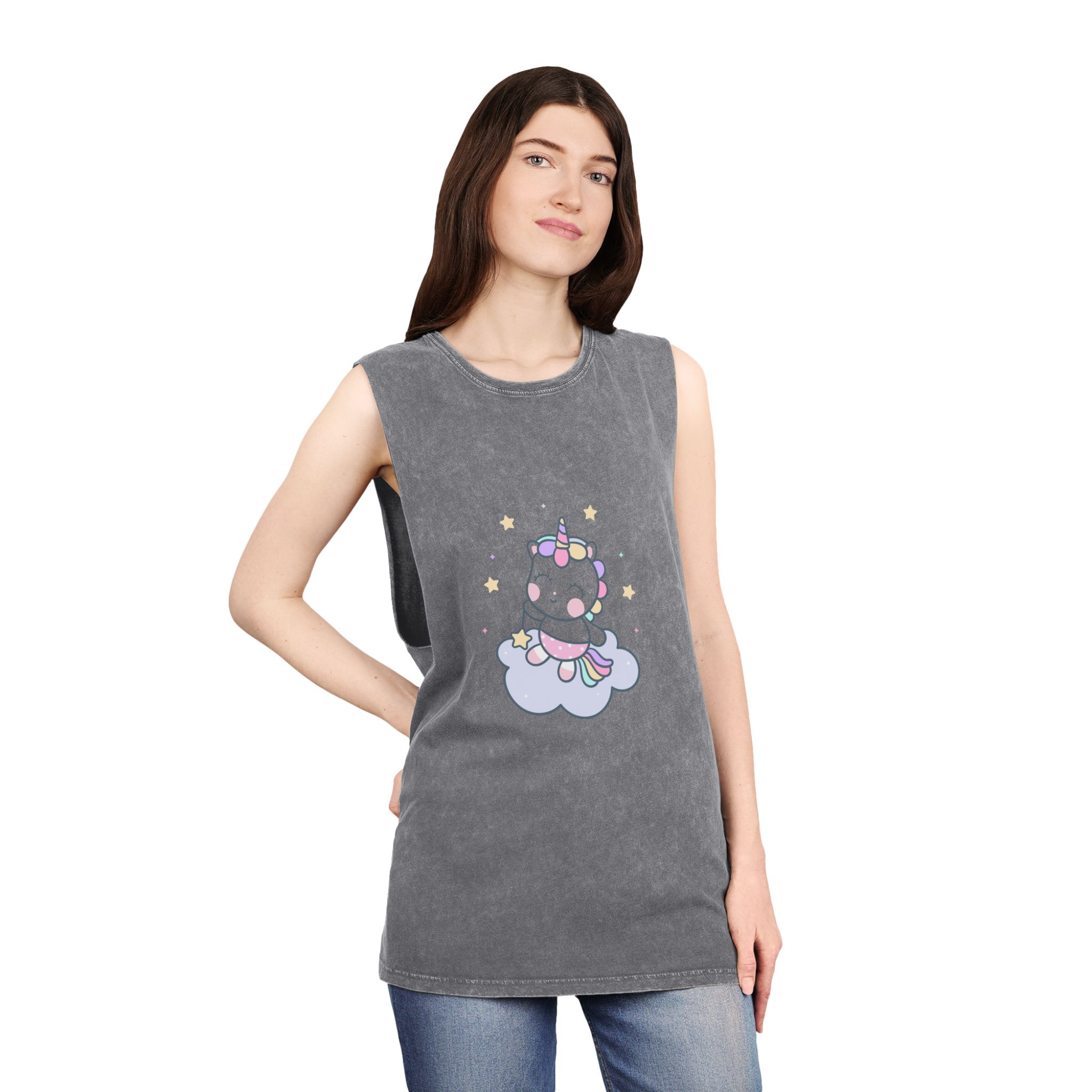 Hand Drawn Kawaii Unicorn Vector Cloud Unisex Stonewash Tank Top - Image 12