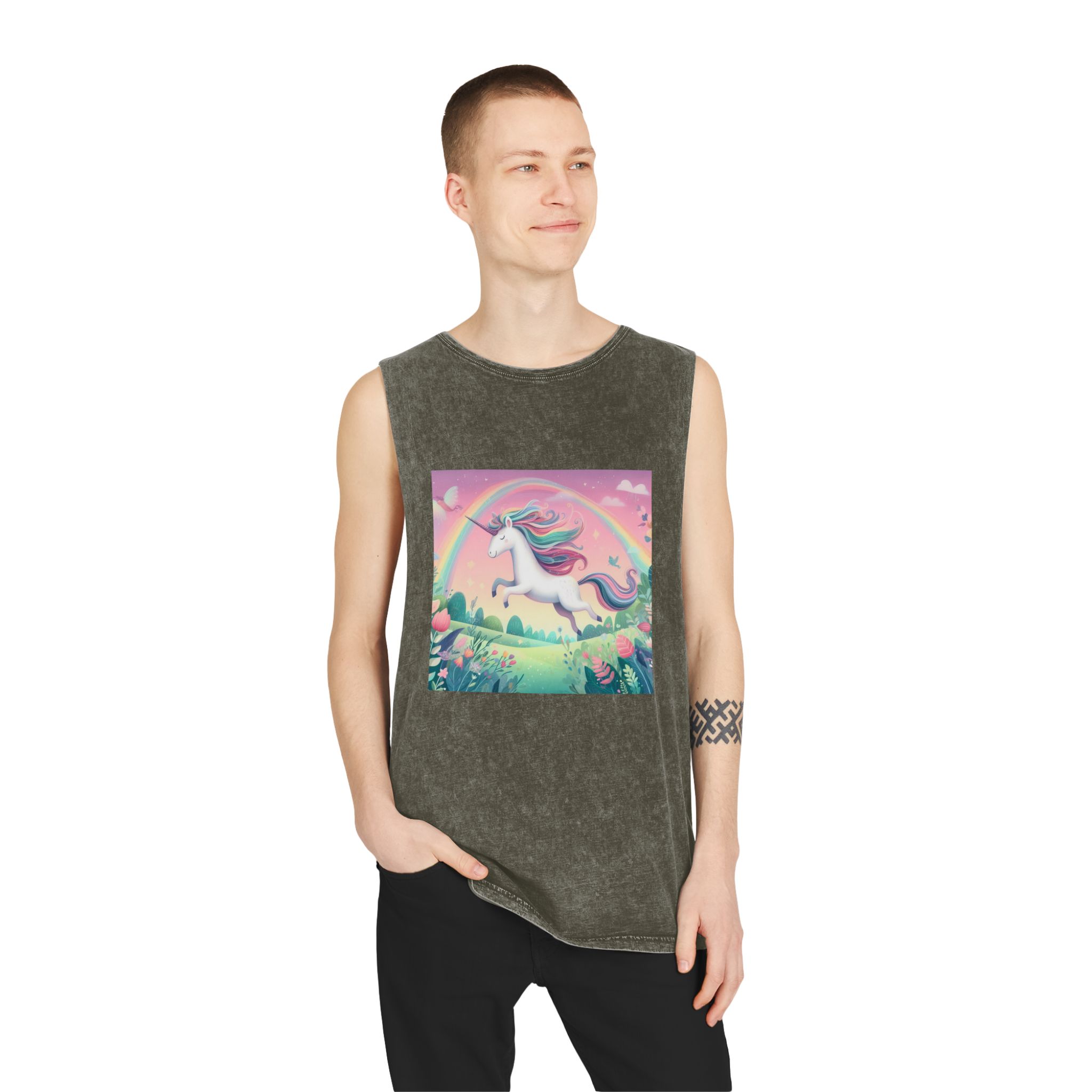 Beautiful Unicorn Running Magical Meadow Unicorn Background Images Whimsical Unicorn (9) Unisex Stonewash Tank Top - Image 7