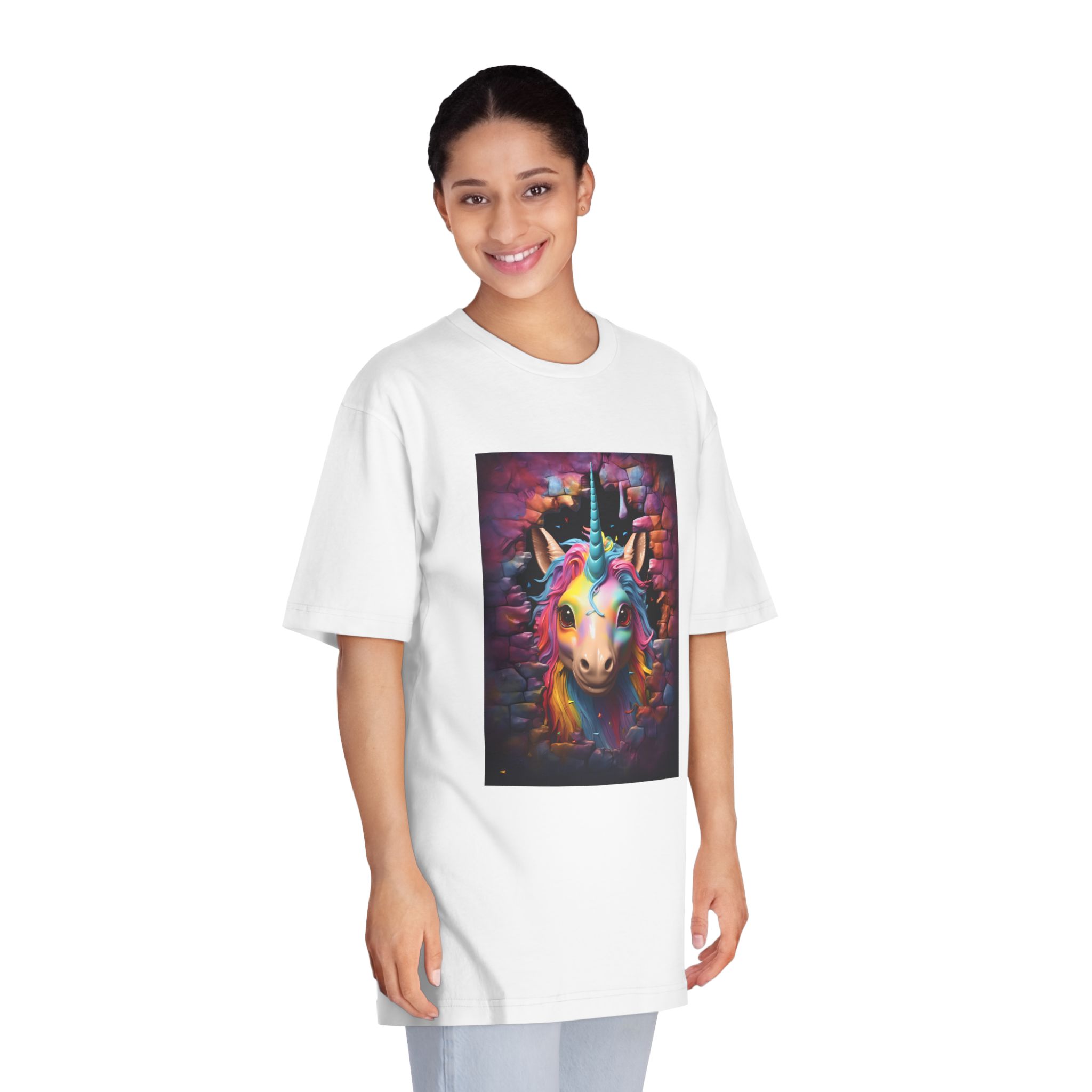 Cute Unicorn Cartoon Looking Through Wall Poster Illustration Kids Unisex Classic Crewneck T Shirt - Image 3