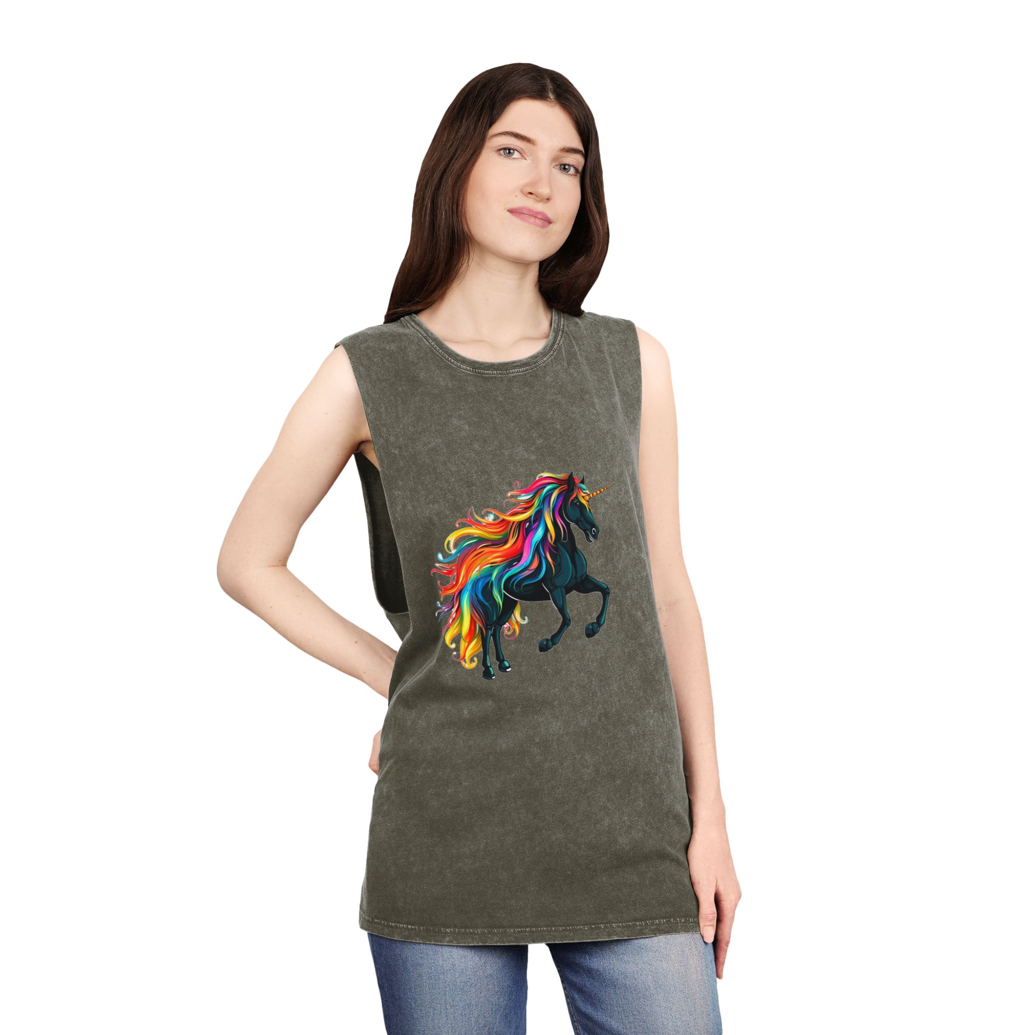 Close Up Black Unicorn With Rainbow Mane Generative Ai Unisex Stonewash Tank Top - Image 8