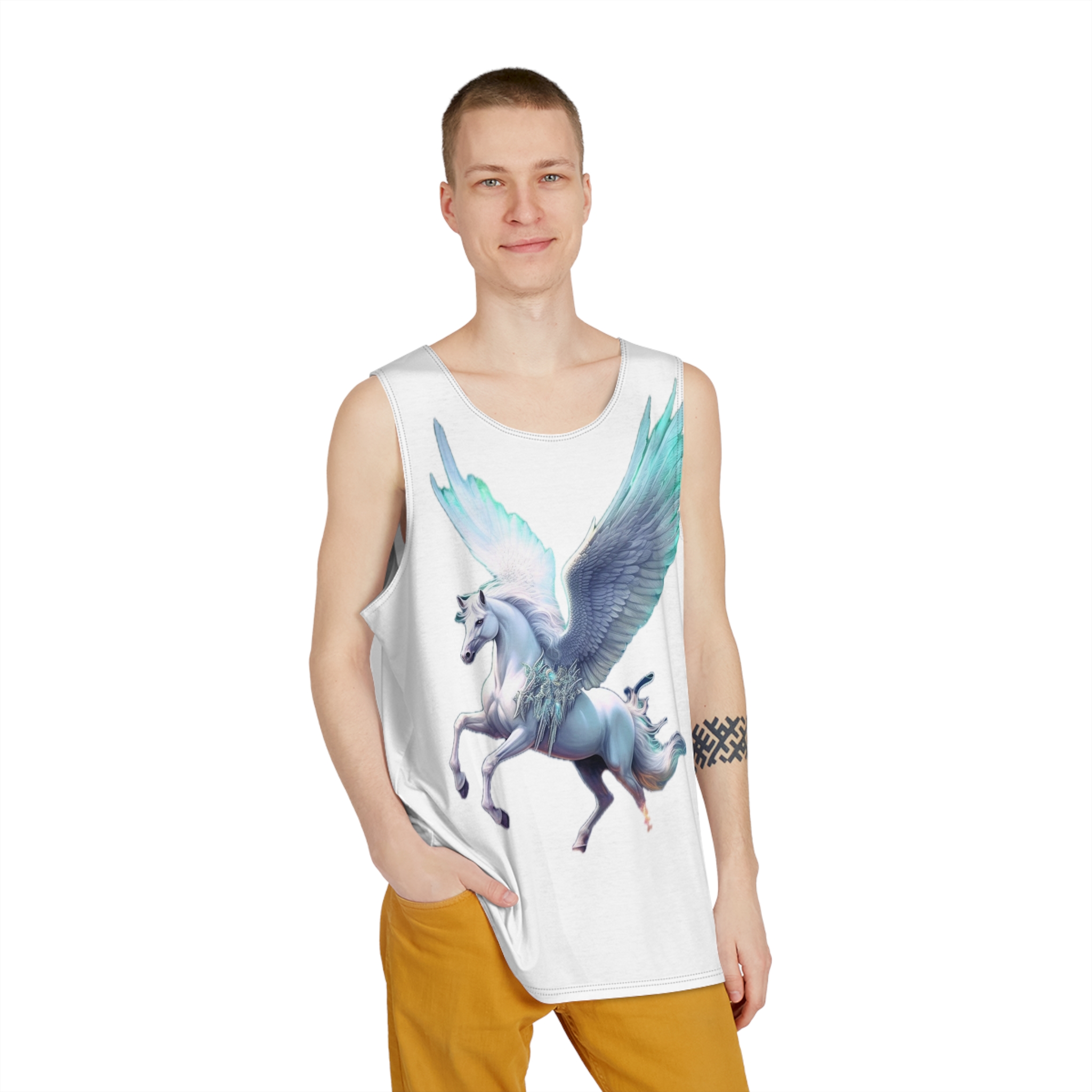 Unicorn With Wings Flying Sky With Full Moon Background Generative Ai Mens Tank Aop - Image 3
