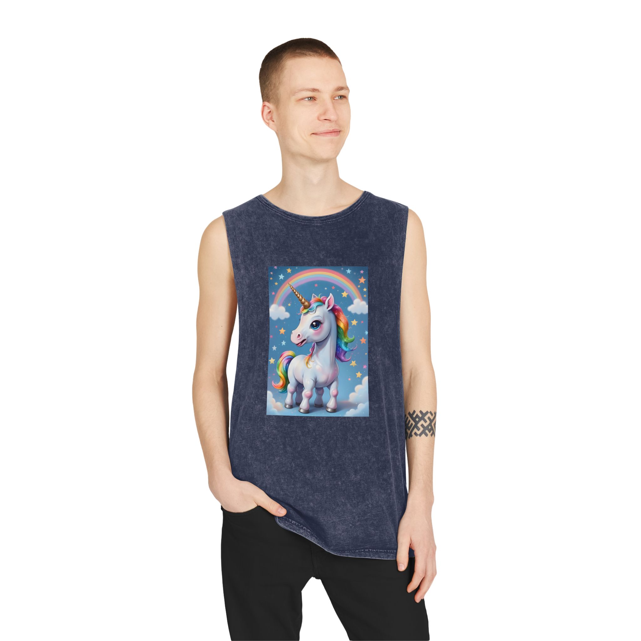 Happy Unicorn Background Sky Rainbow Copy Unisex Stonewash Tank Top - Image 15