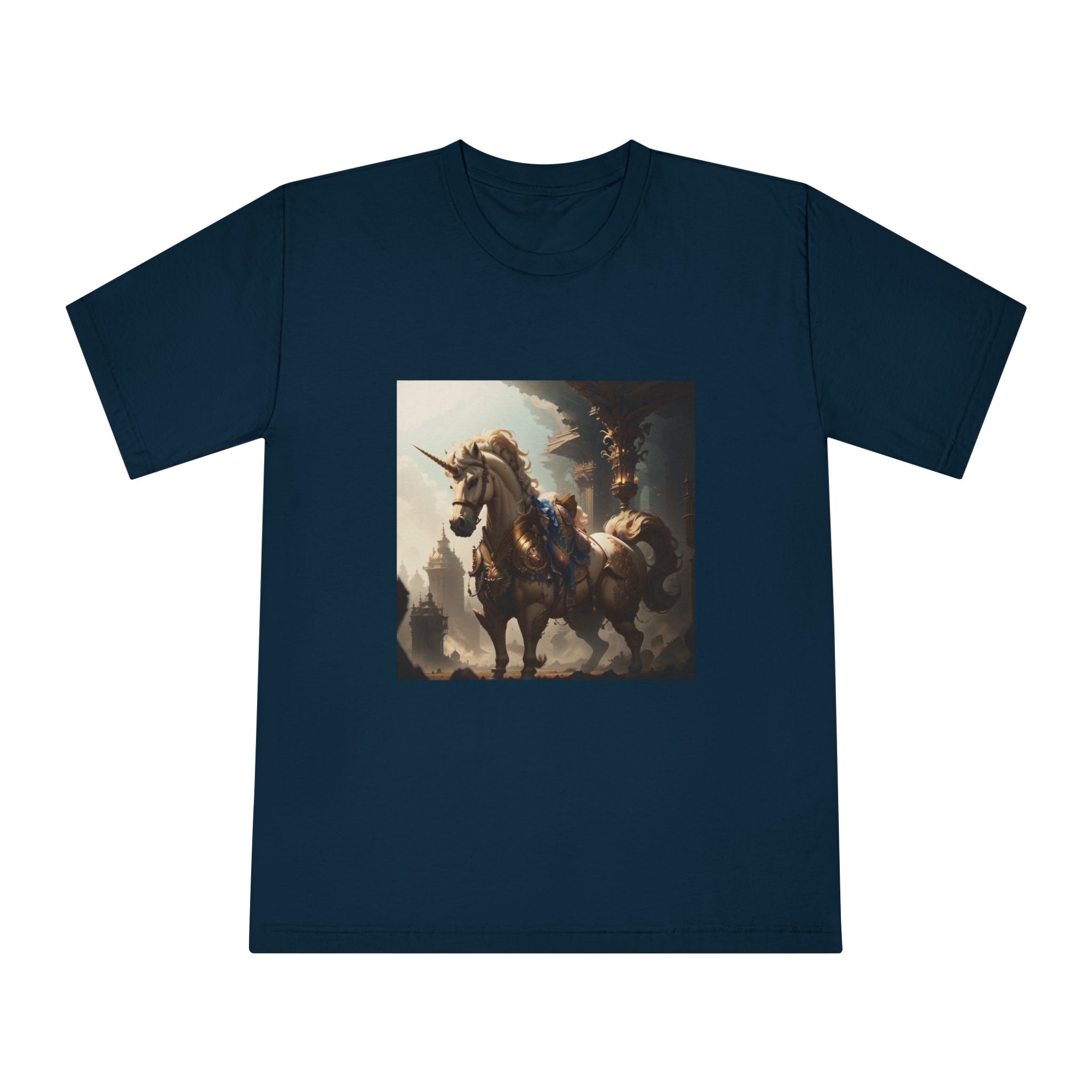 Unicorn With Sword Its Back Is Standing Front Building Unisex Classic Crewneck T Shirt - Image 17