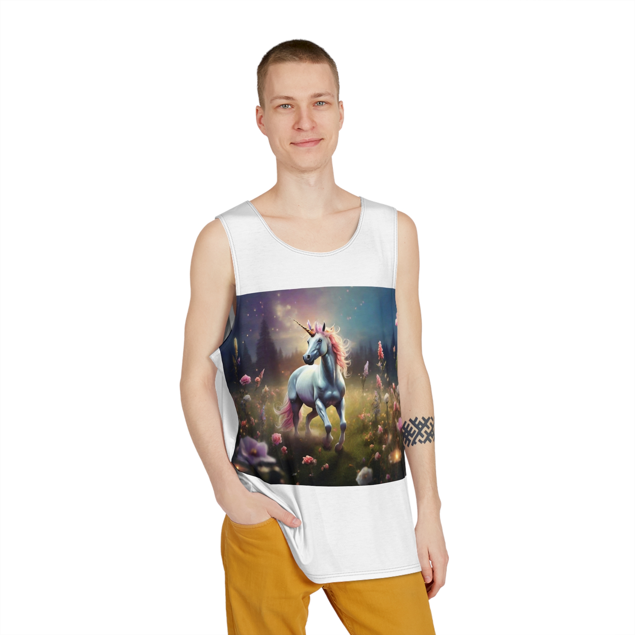 Beautiful Unicorn Running Magical Meadow Unicorn Background Images Whimsical Unicorn (20) Mens Tank Aop - Image 3