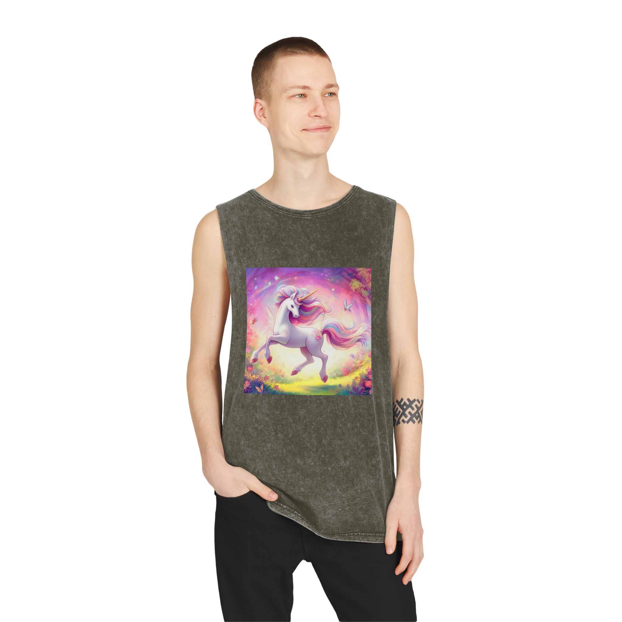Beautiful Unicorn Running Magical Meadow Unicorn Background Images Whimsical Unicorn (44) Unisex Stonewash Tank Top - Image 7