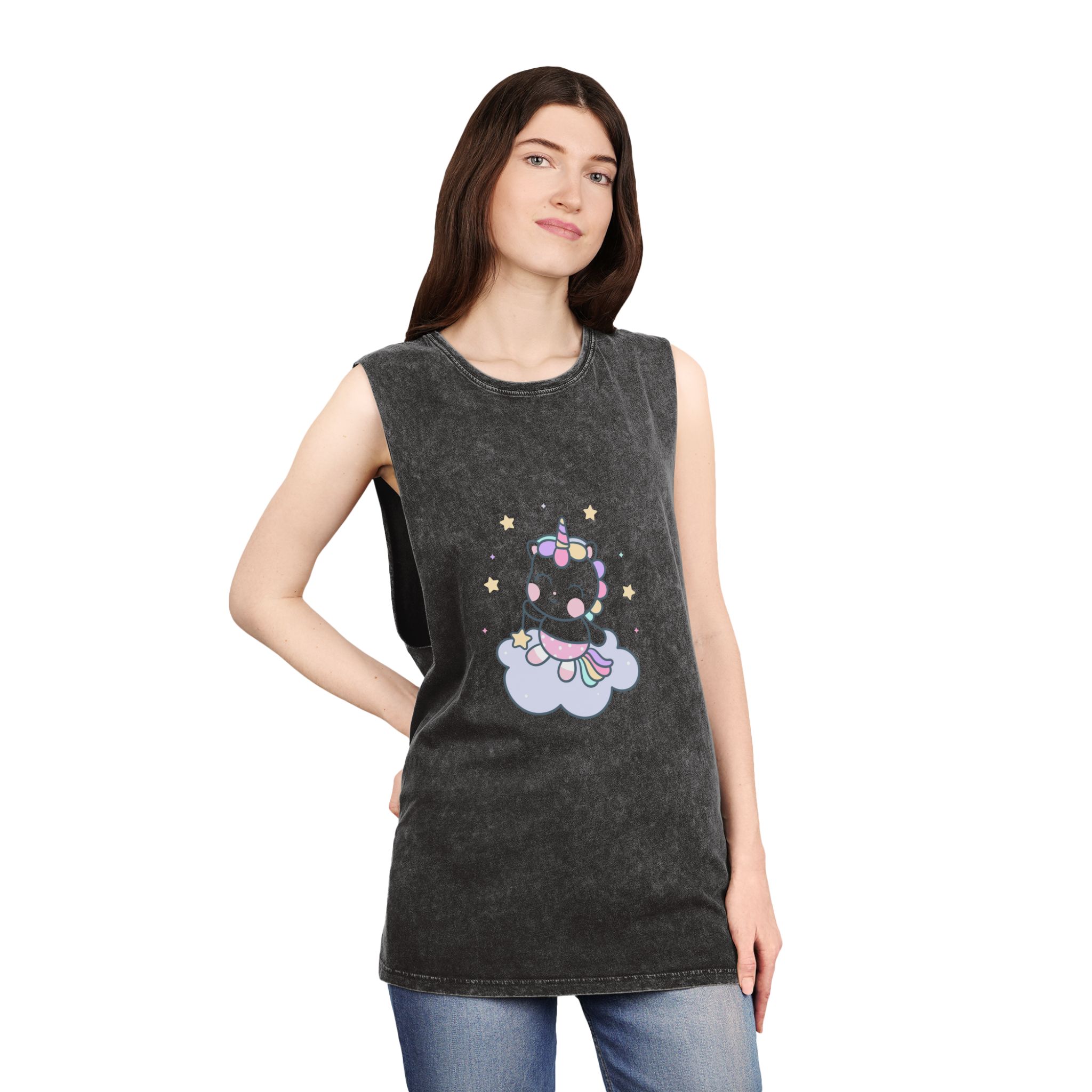 Hand Drawn Kawaii Unicorn Vector Cloud Unisex Stonewash Tank Top - Image 4