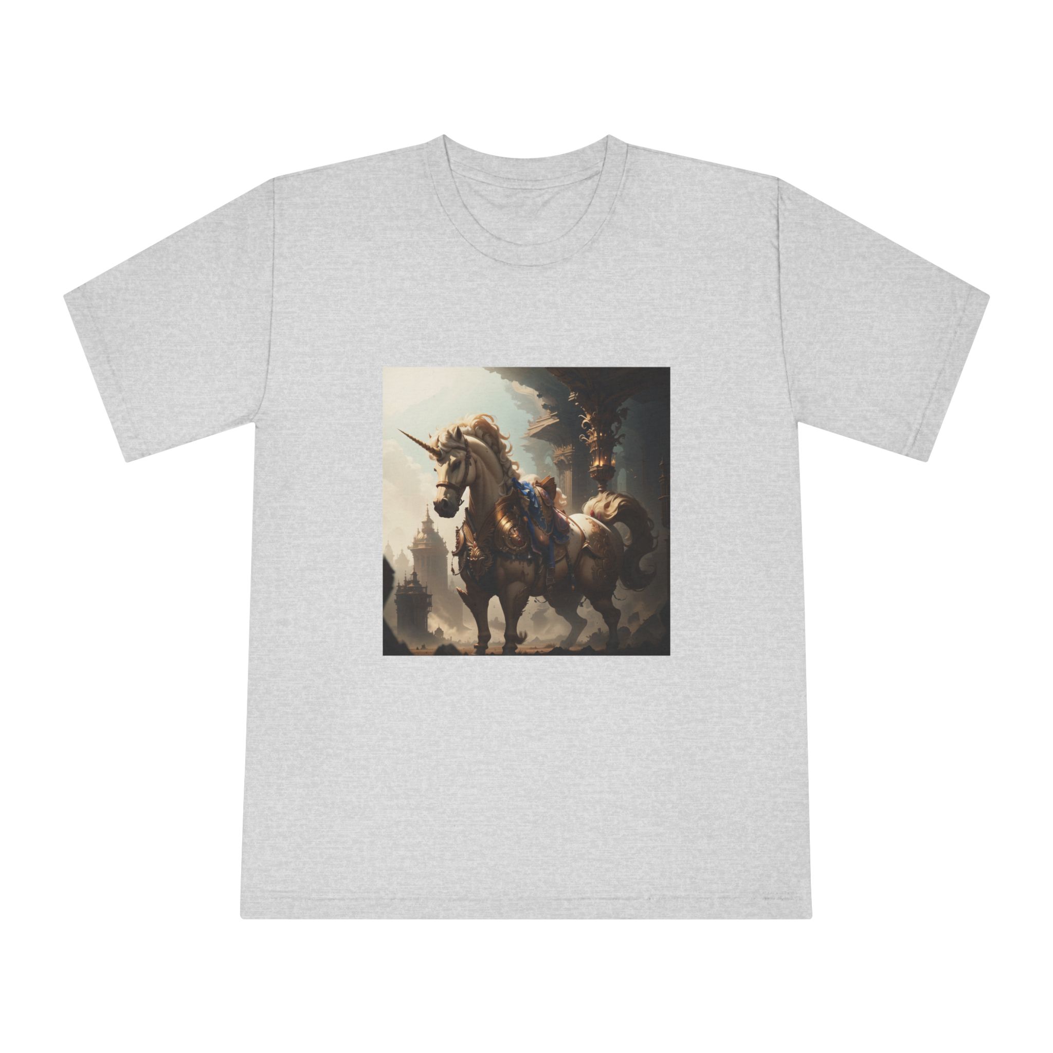 Unicorn With Sword Its Back Is Standing Front Building Unisex Classic Crewneck T Shirt - Image 13