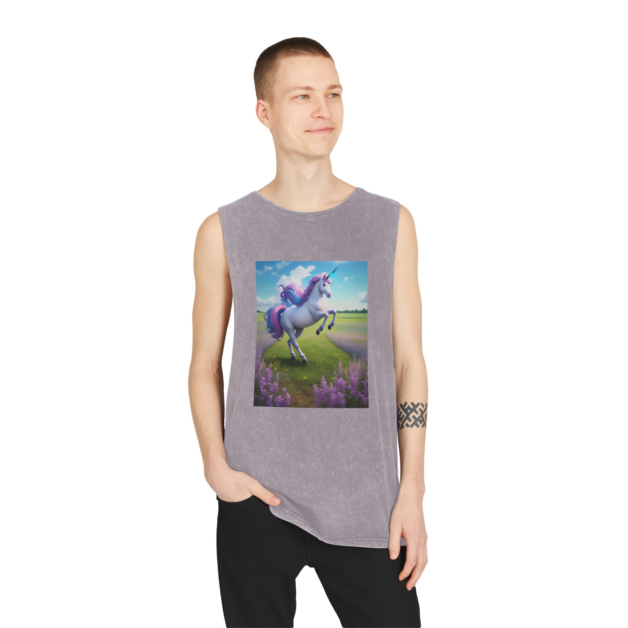 Beautiful Unicorn Running Magical Meadow Unicorn Background Images Whimsical Unicorn (24) Unisex Stonewash Tank Top - Image 19