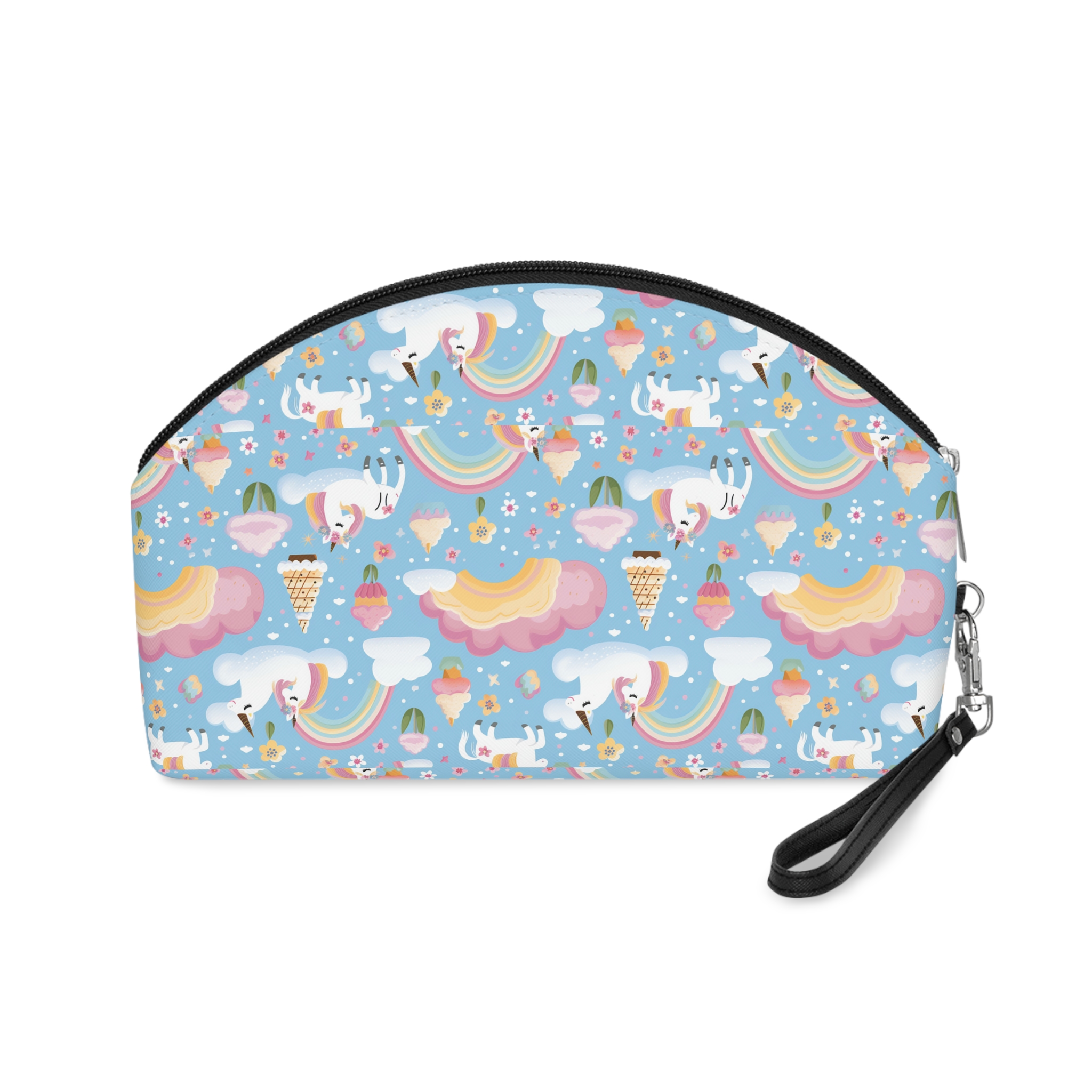 Playful Unicorns Flowers Clouds Rainbows Ice Creams Pastel Background (4) Makeup Bag - Image 2