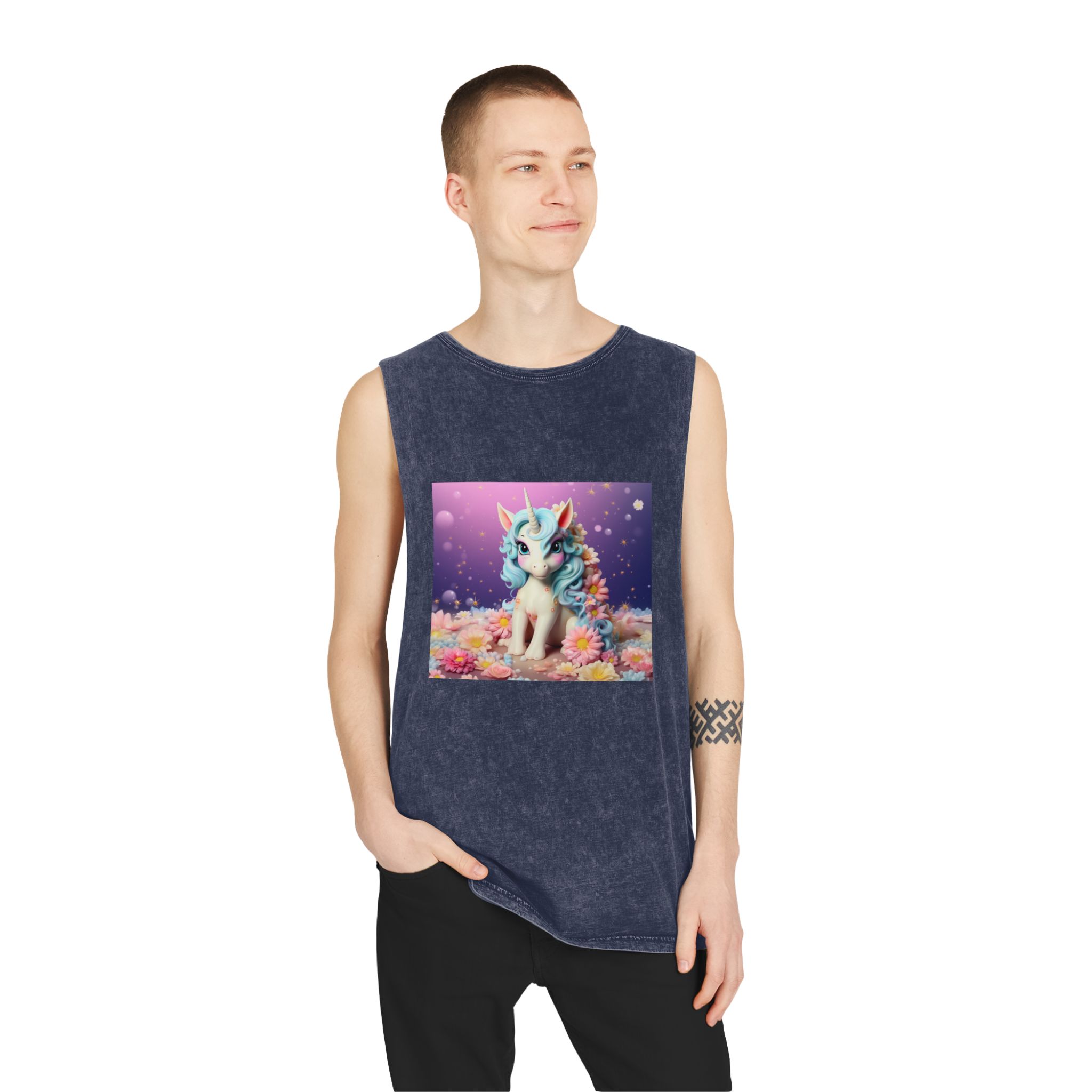 There Is White Unicorn With Blue Hair Flowers Table Generative Ai Unisex Stonewash Tank Top - Image 15