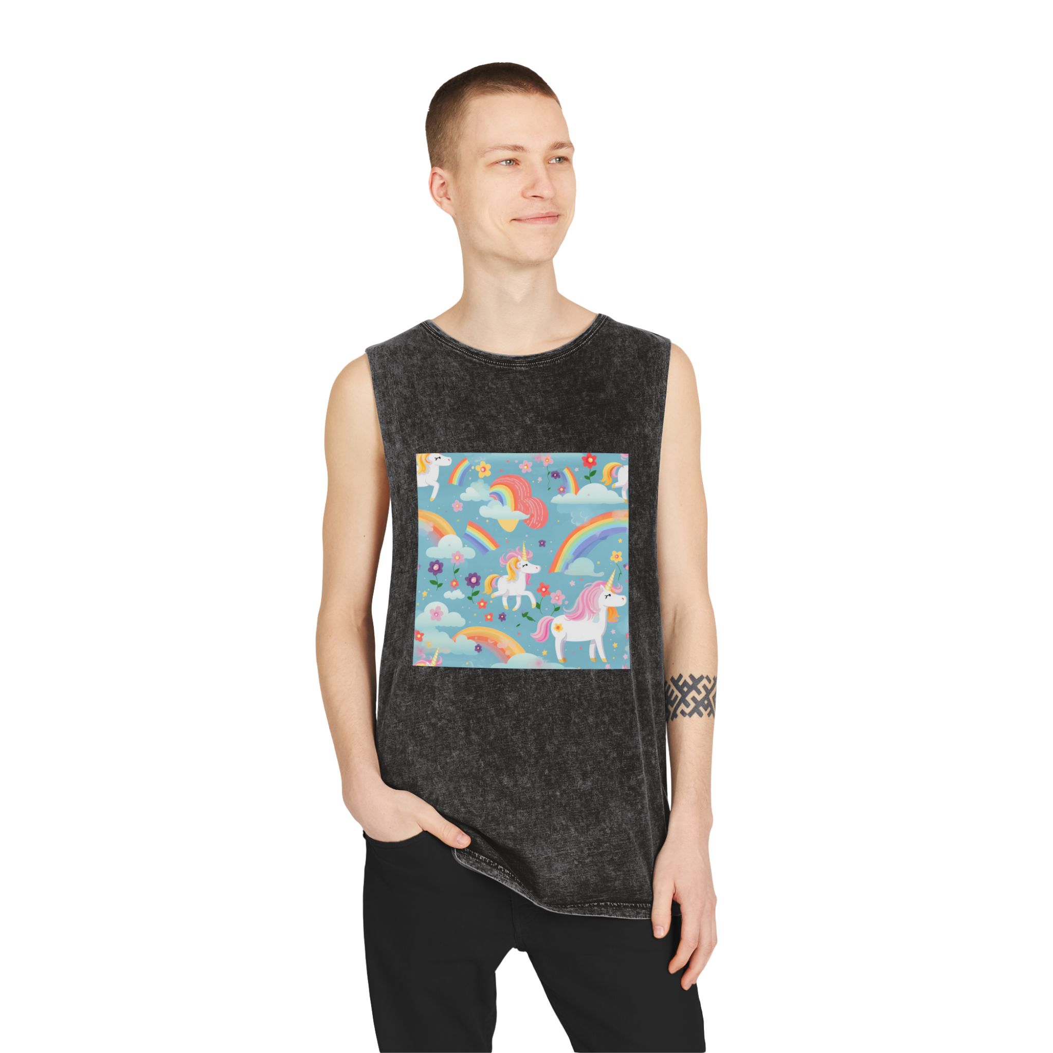 Playful Unicorns Among Flowers Clouds Rainbows Ice Creams Pastel Background (9) Unisex Stonewash Tank Top - Image 3