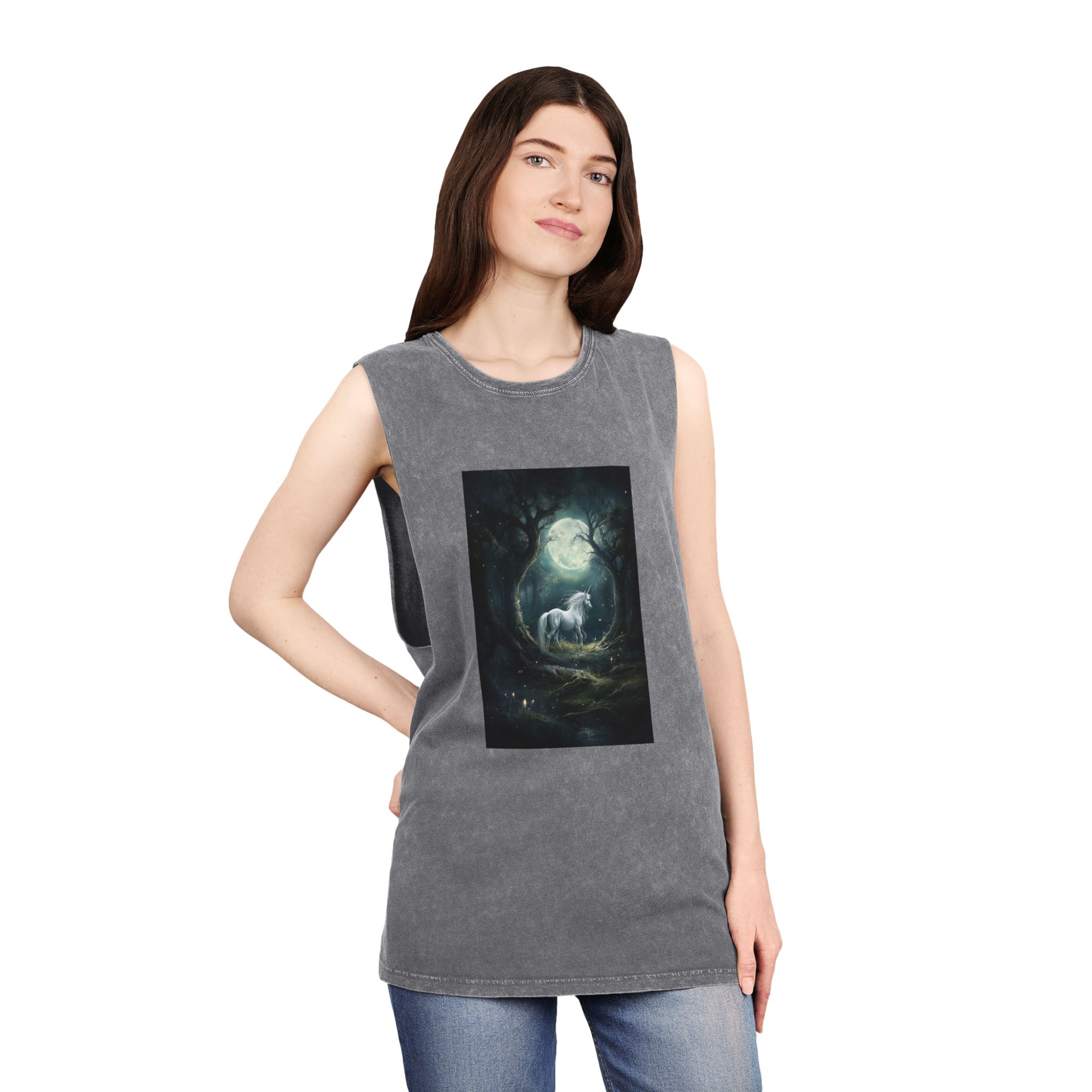 Unicorn Forest With Full Moon Background Unisex Stonewash Tank Top - Image 12