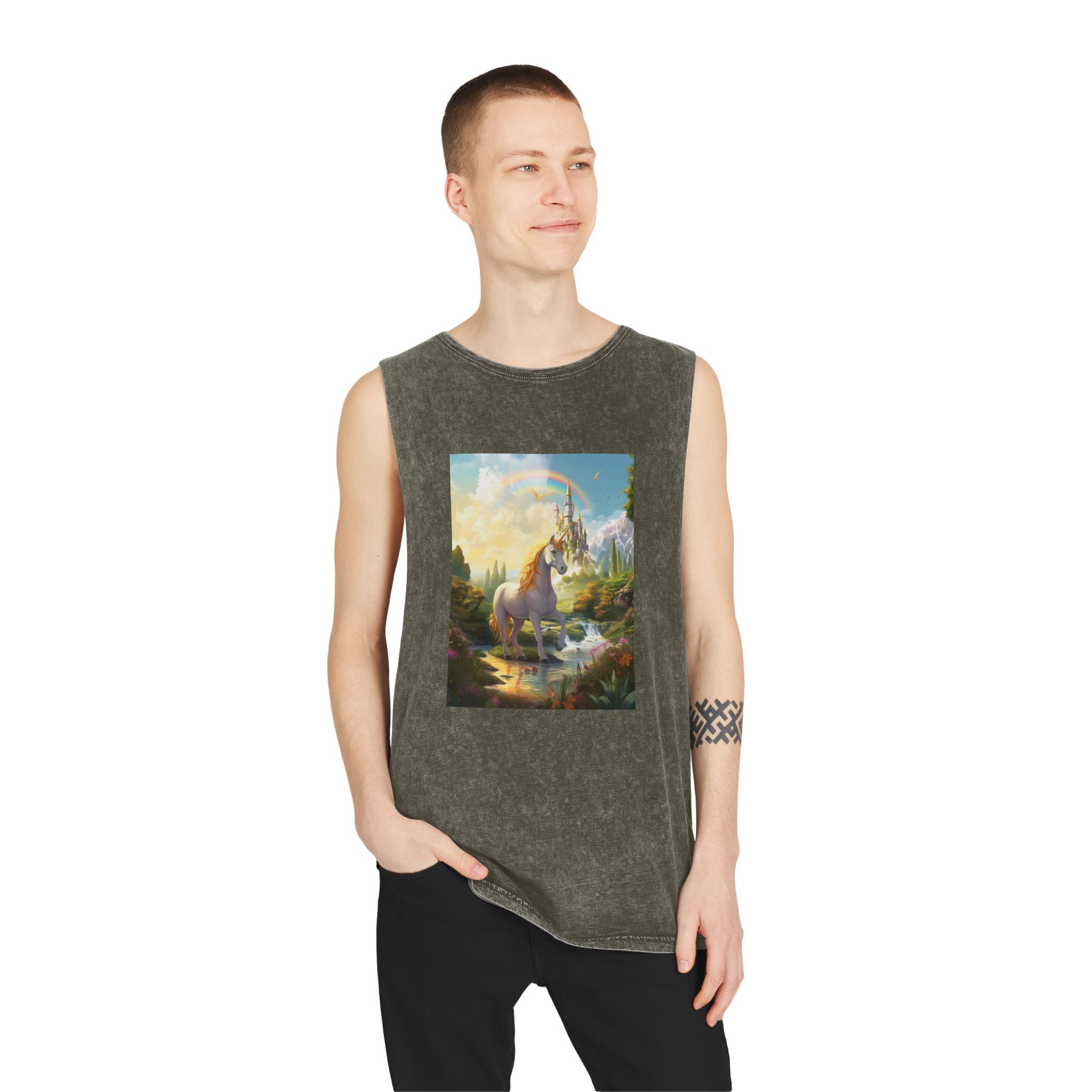 Painting Unicorn Fantasy Setting With Castle Background Generative Ai Unisex Stonewash Tank Top - Image 7