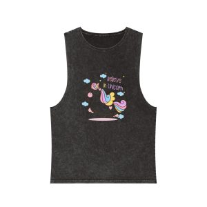 Cute Unicorn Cartoon Jump Air Flat Style Unisex Stonewash Tank Top