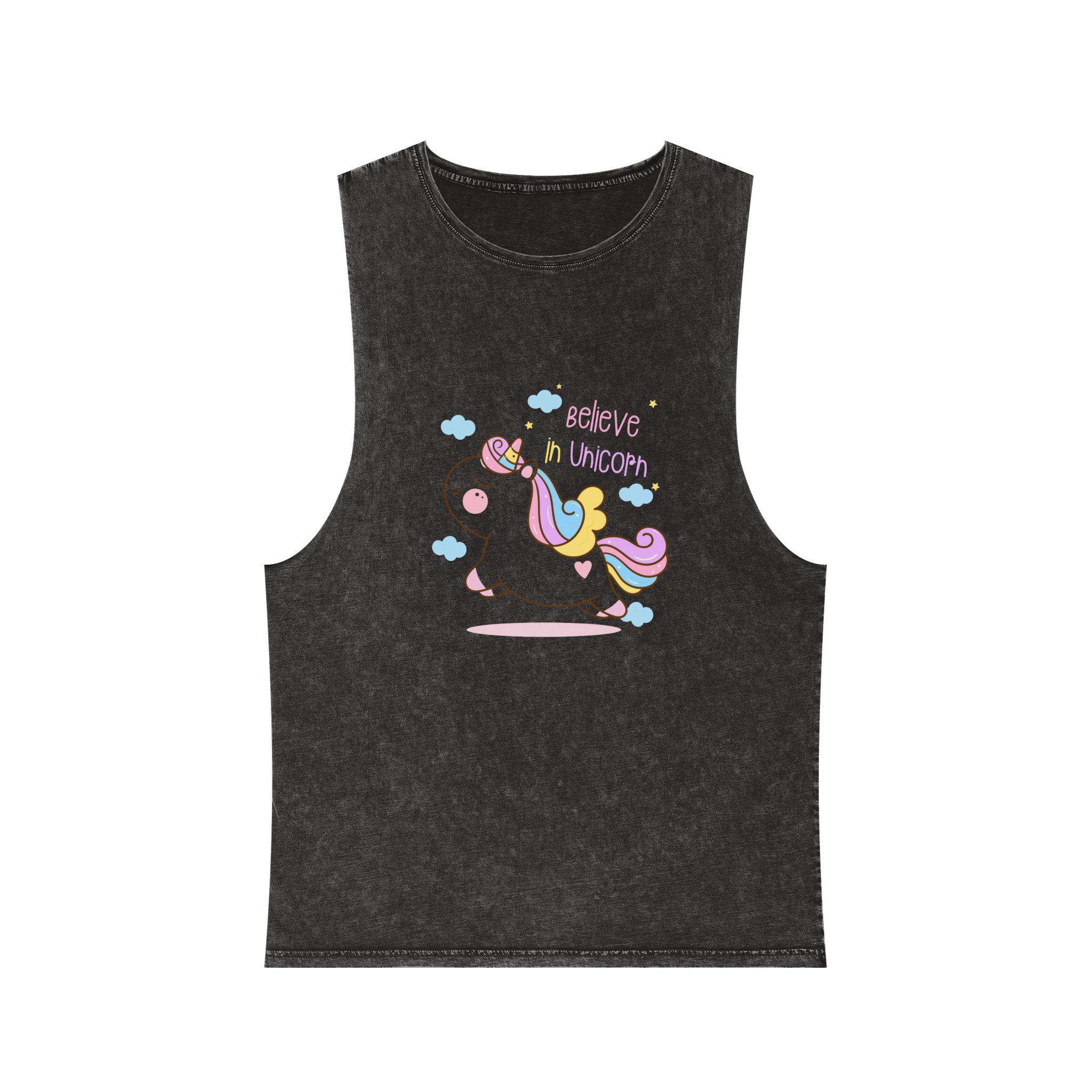 Cute Unicorn Cartoon Jump Air Flat Style Unisex Stonewash Tank Top