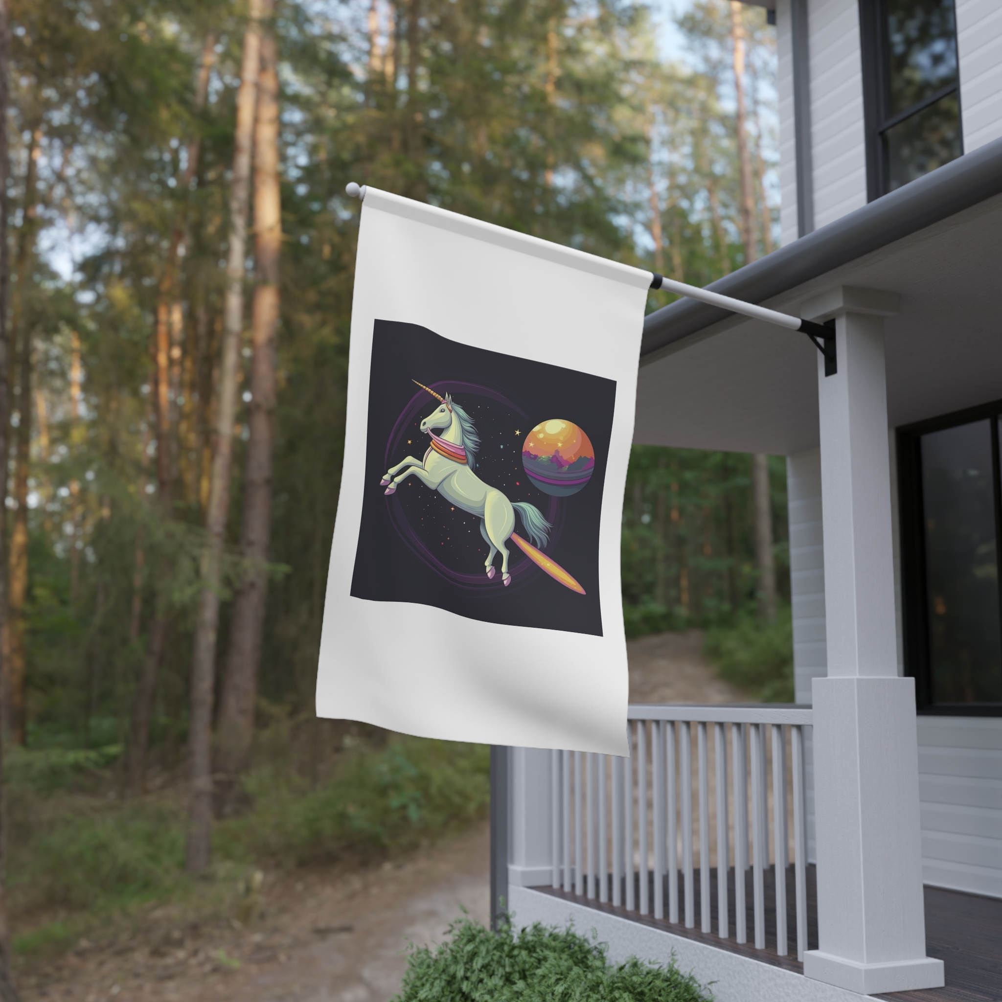 Unicorn With Long Tail Is Flying Through Circle With Moon Stars House Banner - Image 4