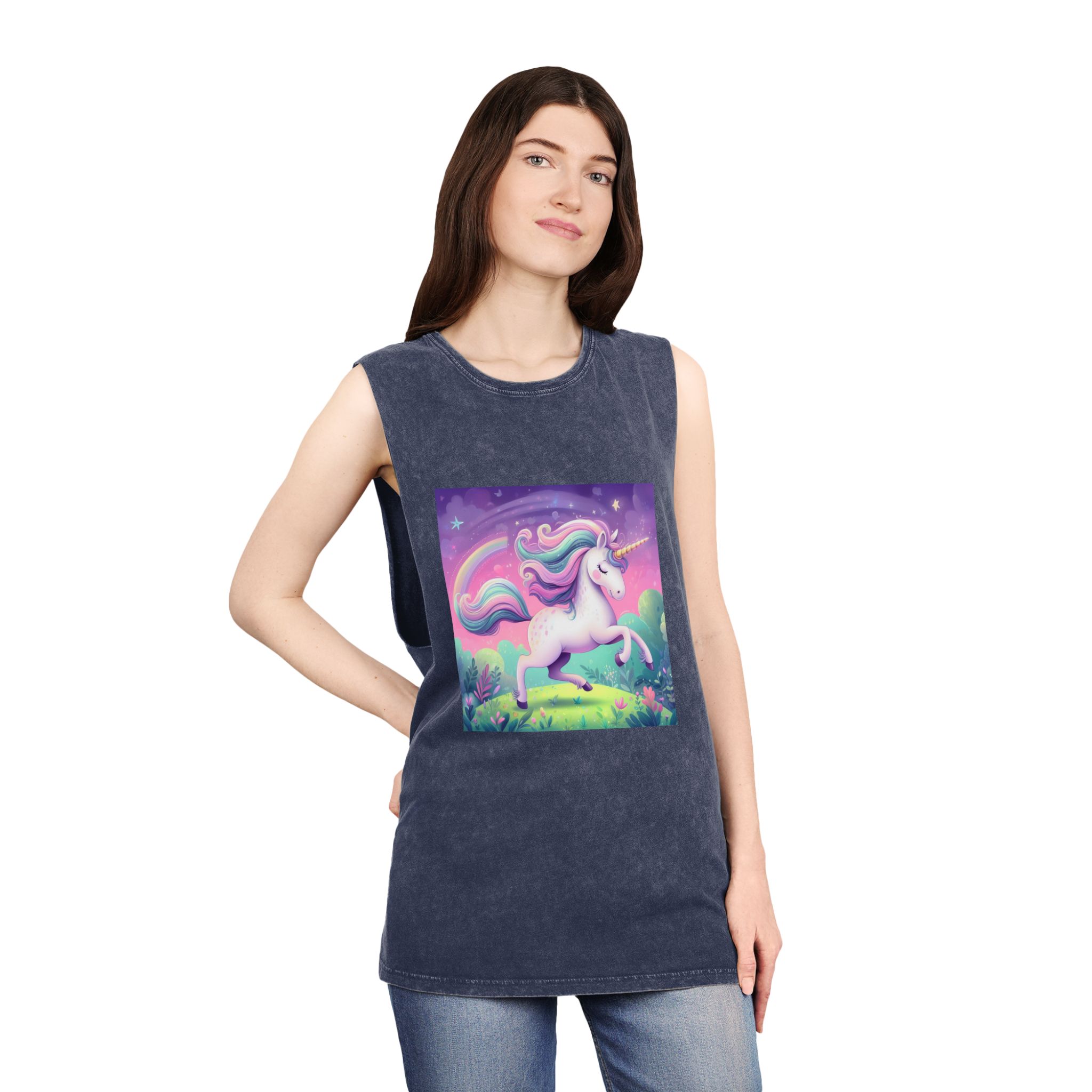 Beautiful Unicorn Running Magical Meadow Unicorn Background Images Whimsical Unicorn (12) Unisex Stonewash Tank Top - Image 16
