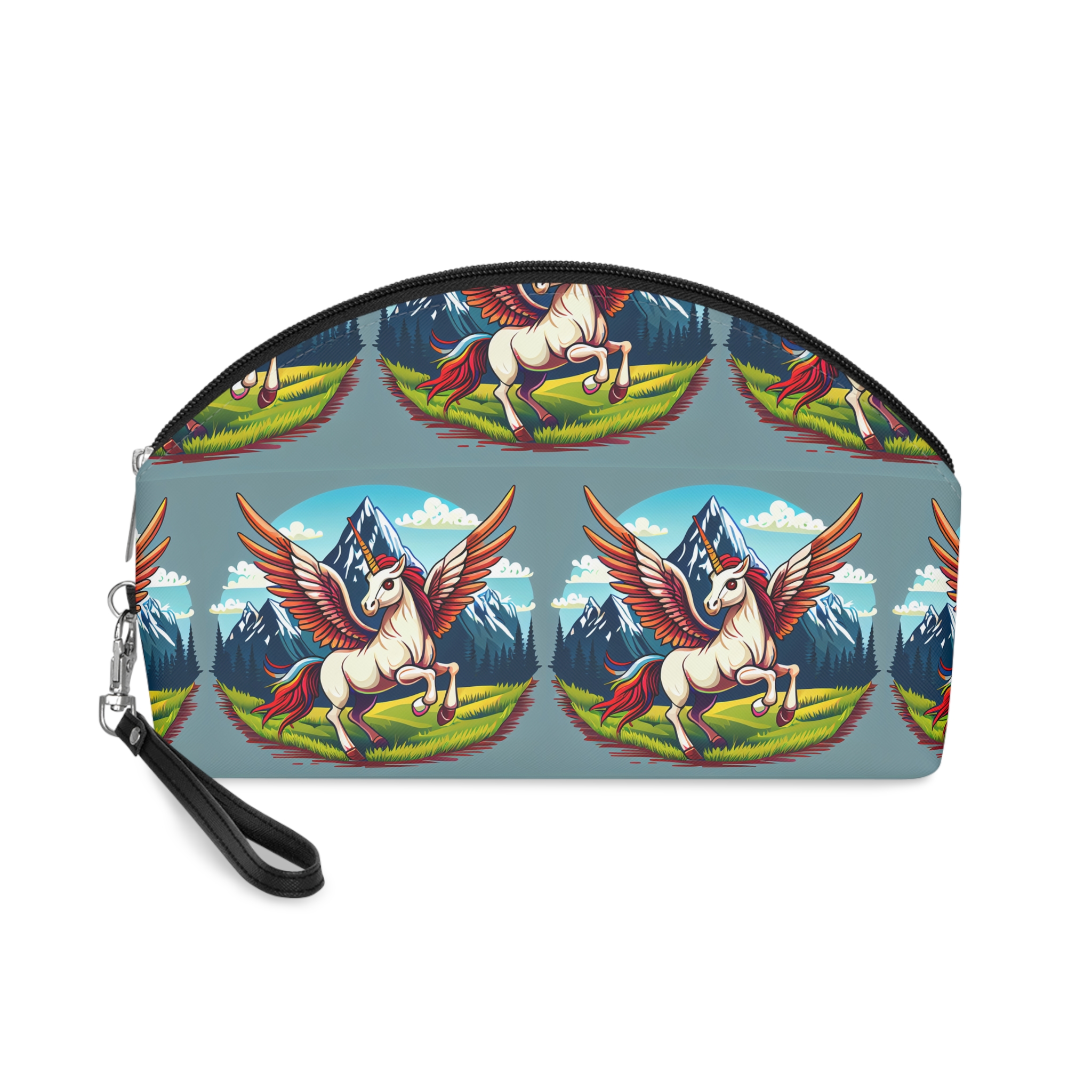 Cartoon Unicorn With Rainbow Wings Top Mountain Background Generative Ai Makeup Bag