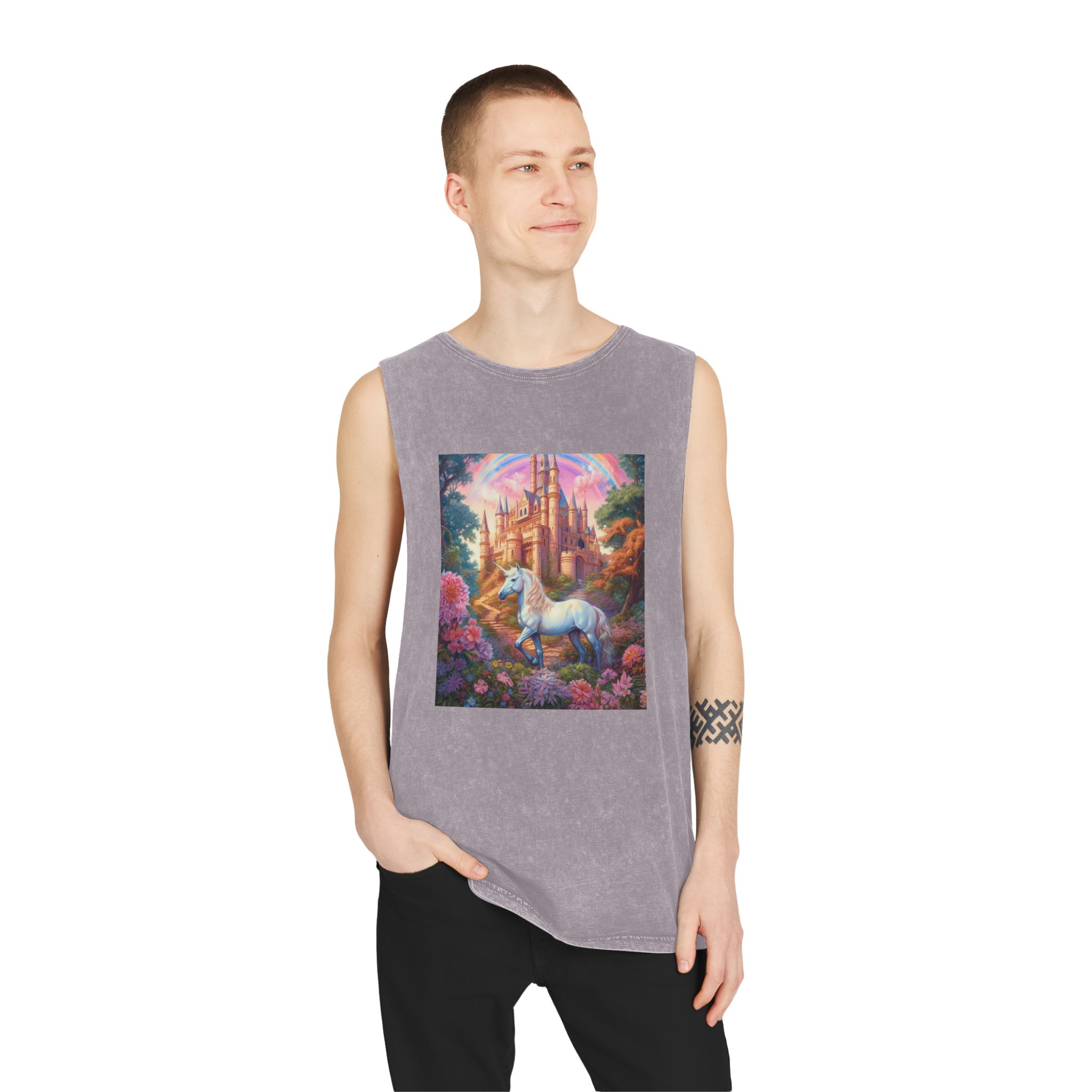 Painting Unicorn Front Castle With Rainbow Generative Ai Unisex Stonewash Tank Top - Image 19