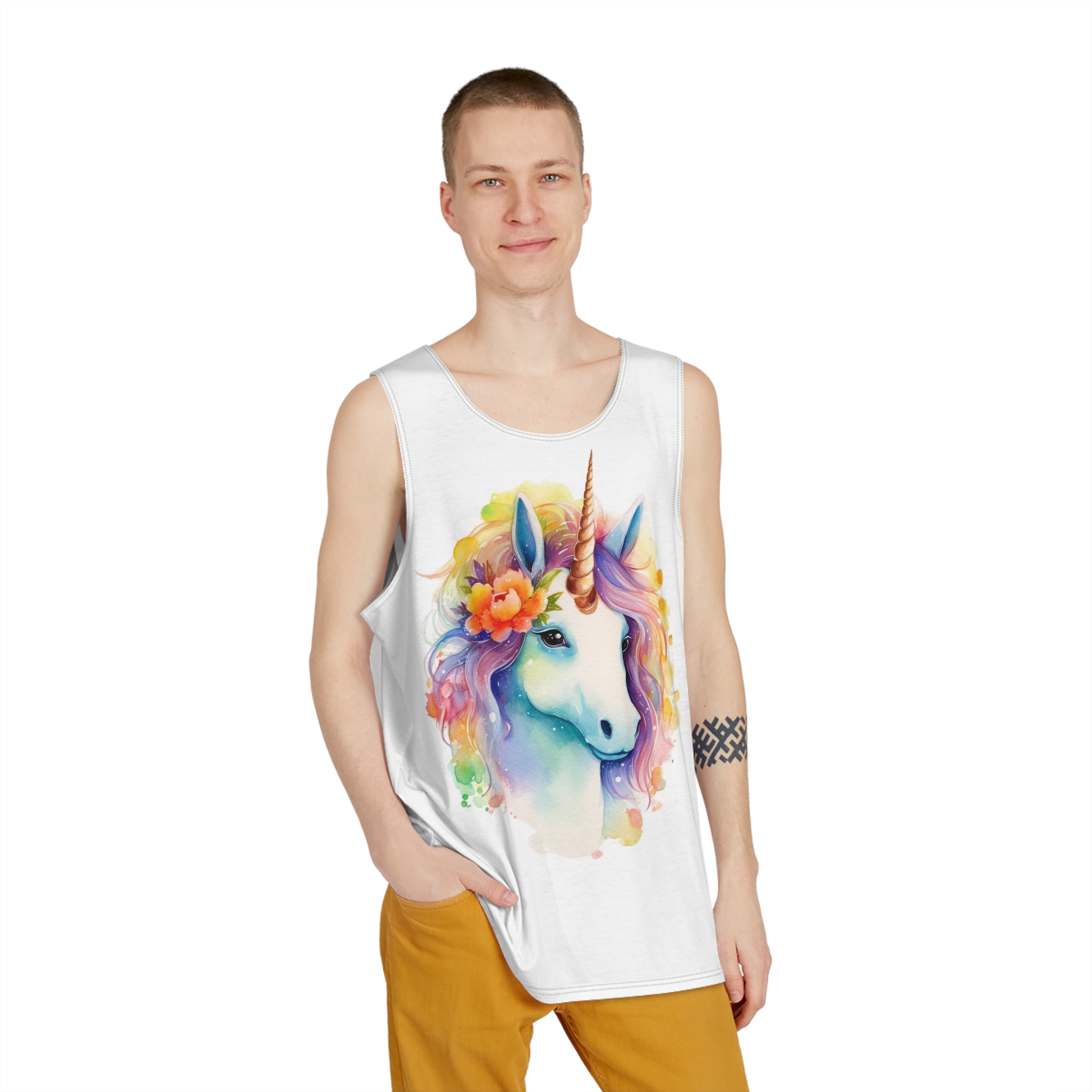 Painting Unicorn With Flower Crown Its Head Generative Ai Mens Tank Aop - Image 3