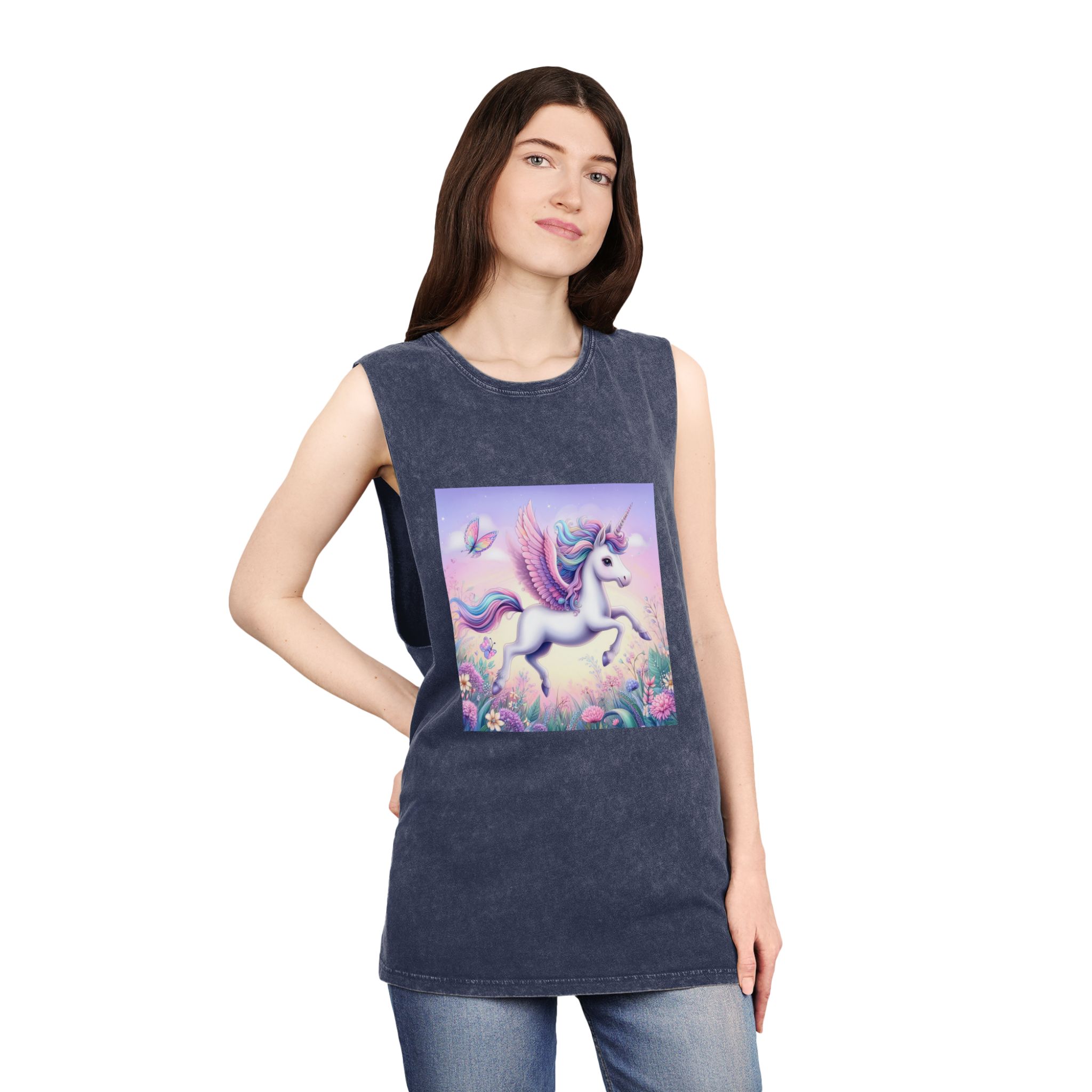 Beautiful Unicorn Running Magical Meadow Unicorn Background Images Whimsical Unicorn (1) Unisex Stonewash Tank Top - Image 16