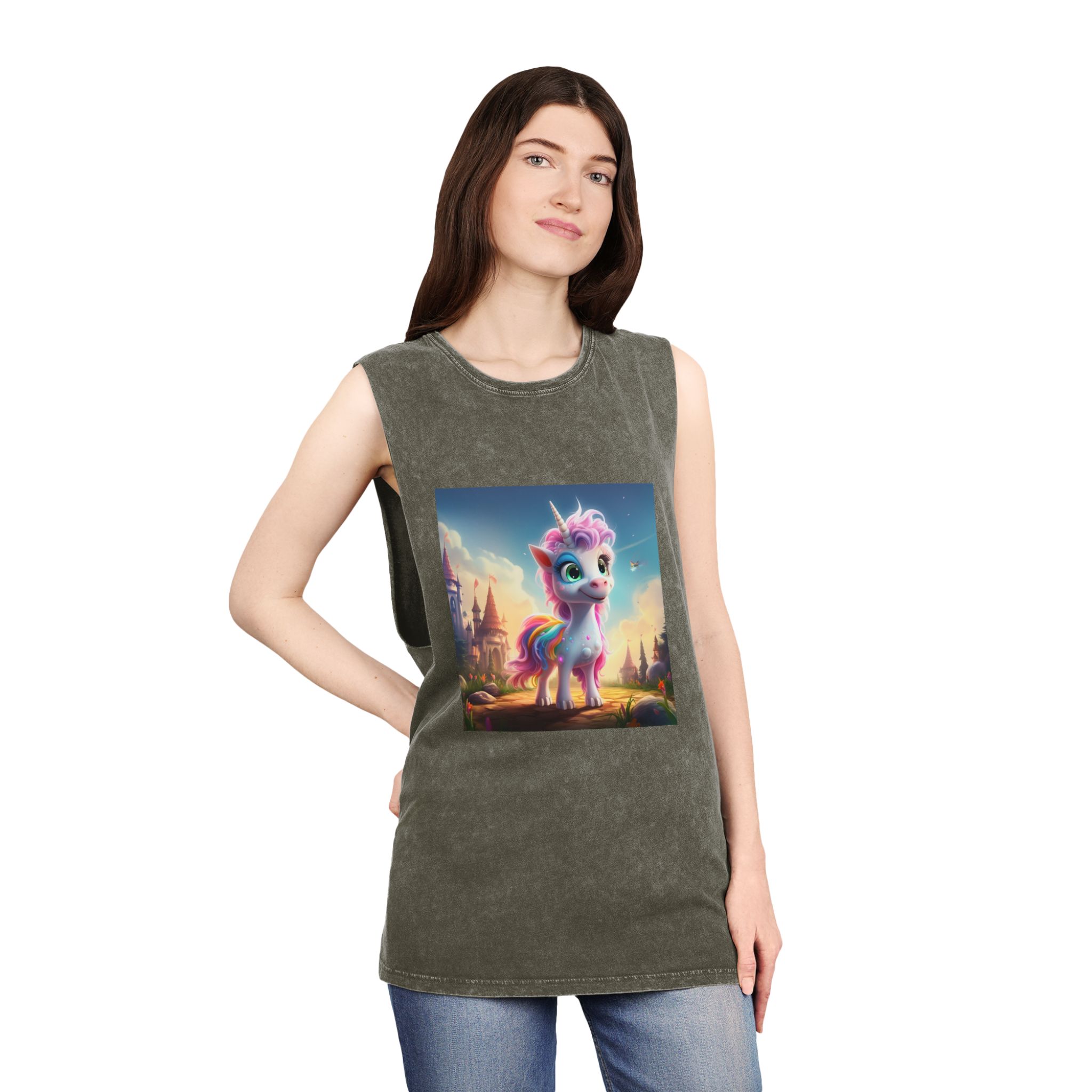 Unicorn Standing Rock Front Castle Generative Ai Unisex Stonewash Tank Top - Image 8