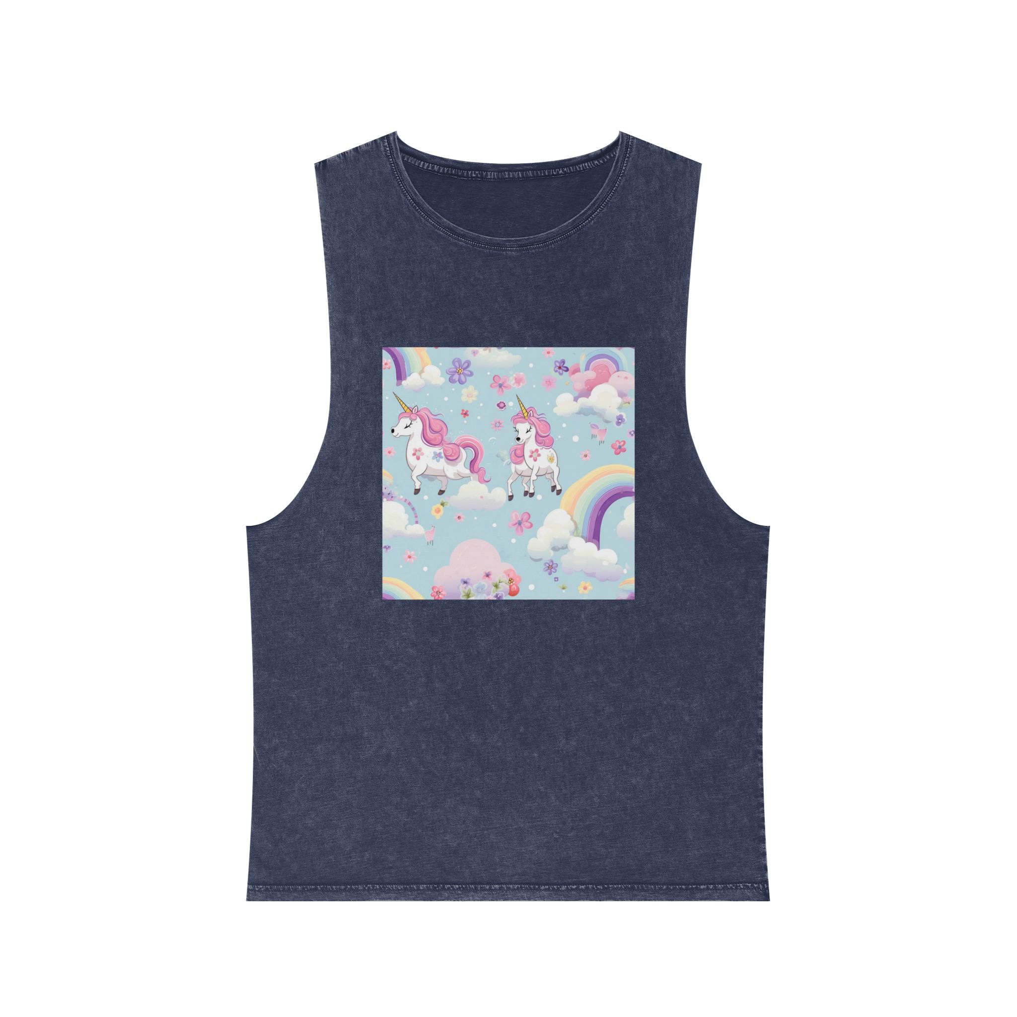 Playful Unicorns Among Flowers Clouds Rainbows Ice Creams Pastel Background Unisex Stonewash Tank Top - Image 13