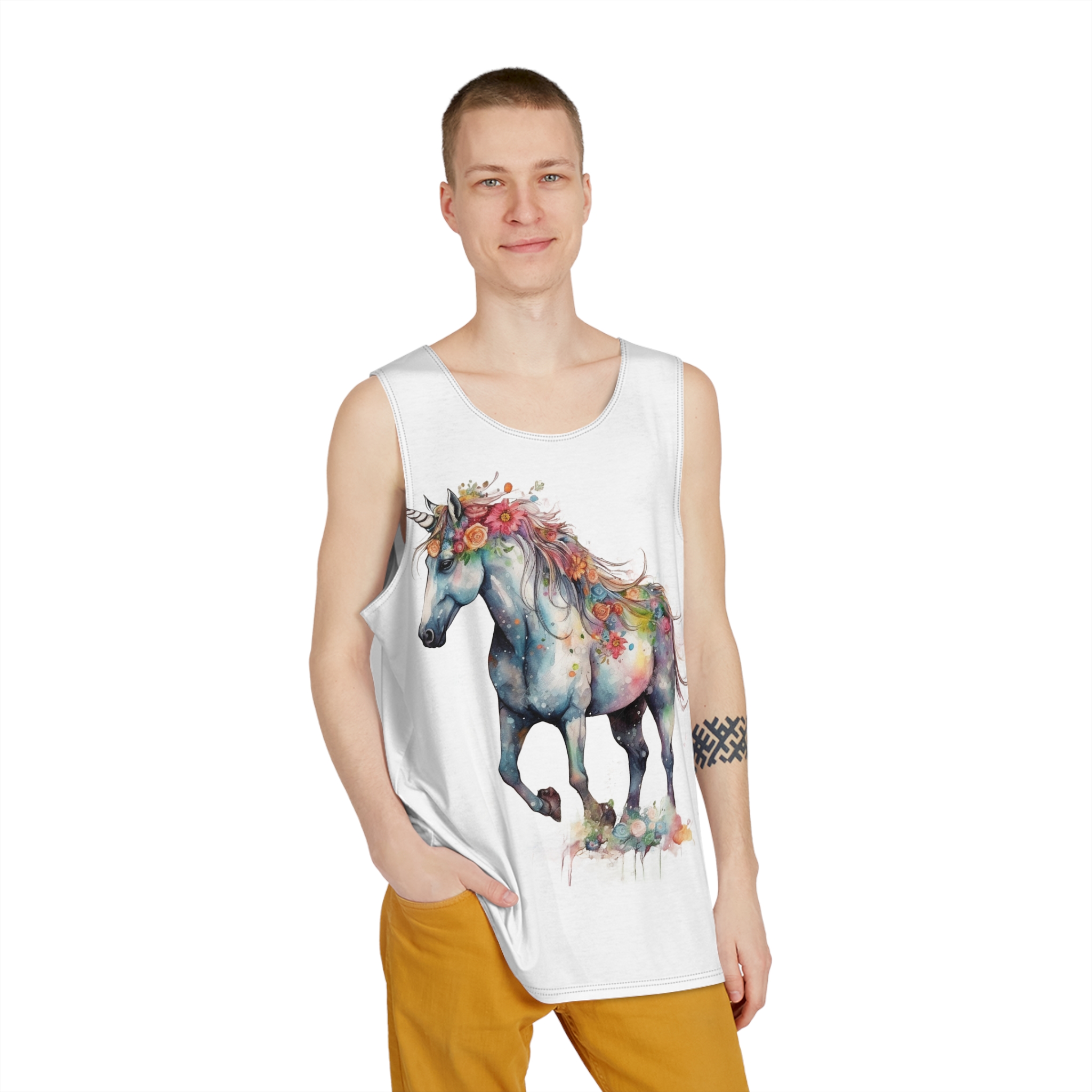 Watercolor Painting Unicorn With Rainbow Horn Mens Tank Aop - Image 3