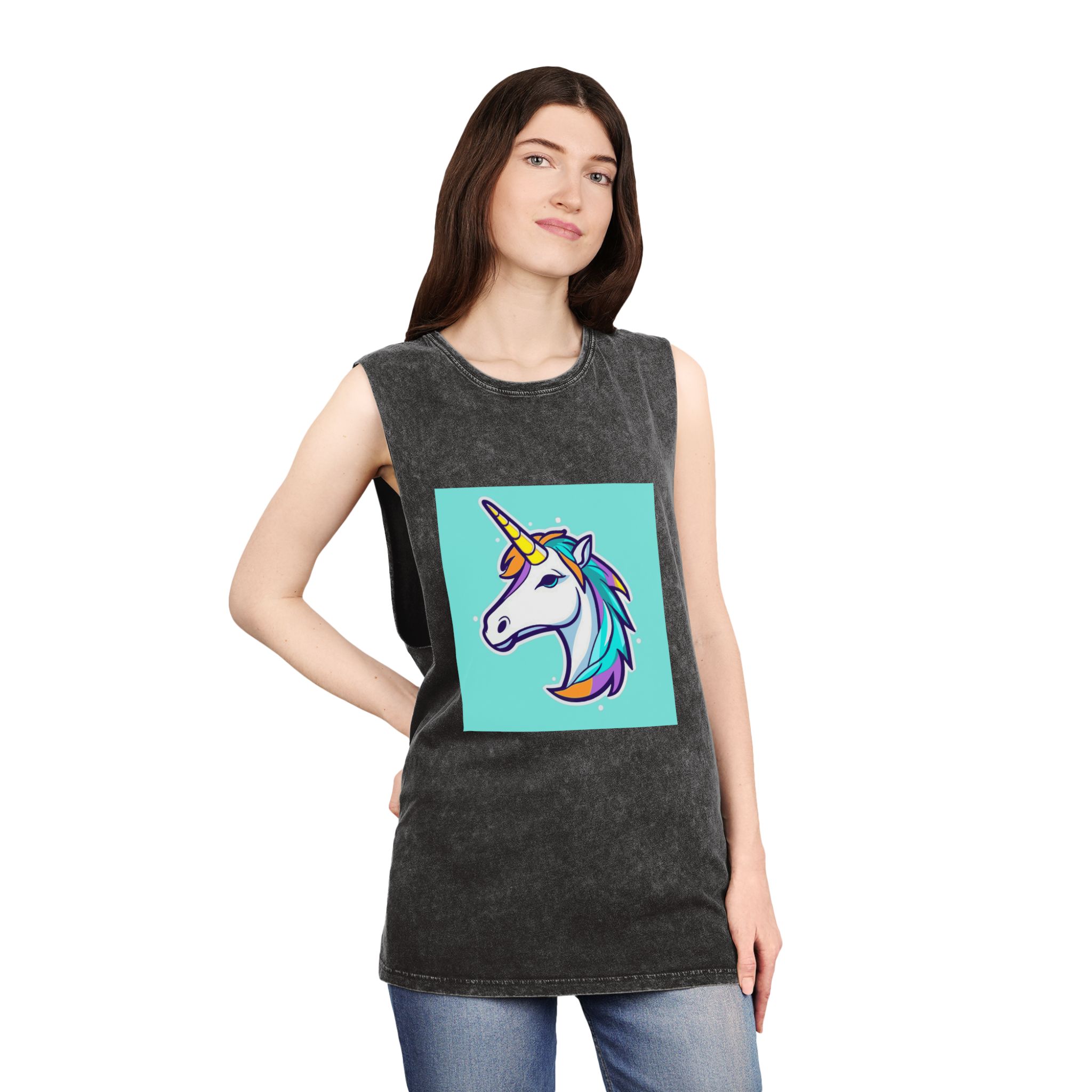 Cartoon Unicorn Head Vector With Maximum 16 Colors I 3 Unisex Stonewash Tank Top - Image 4