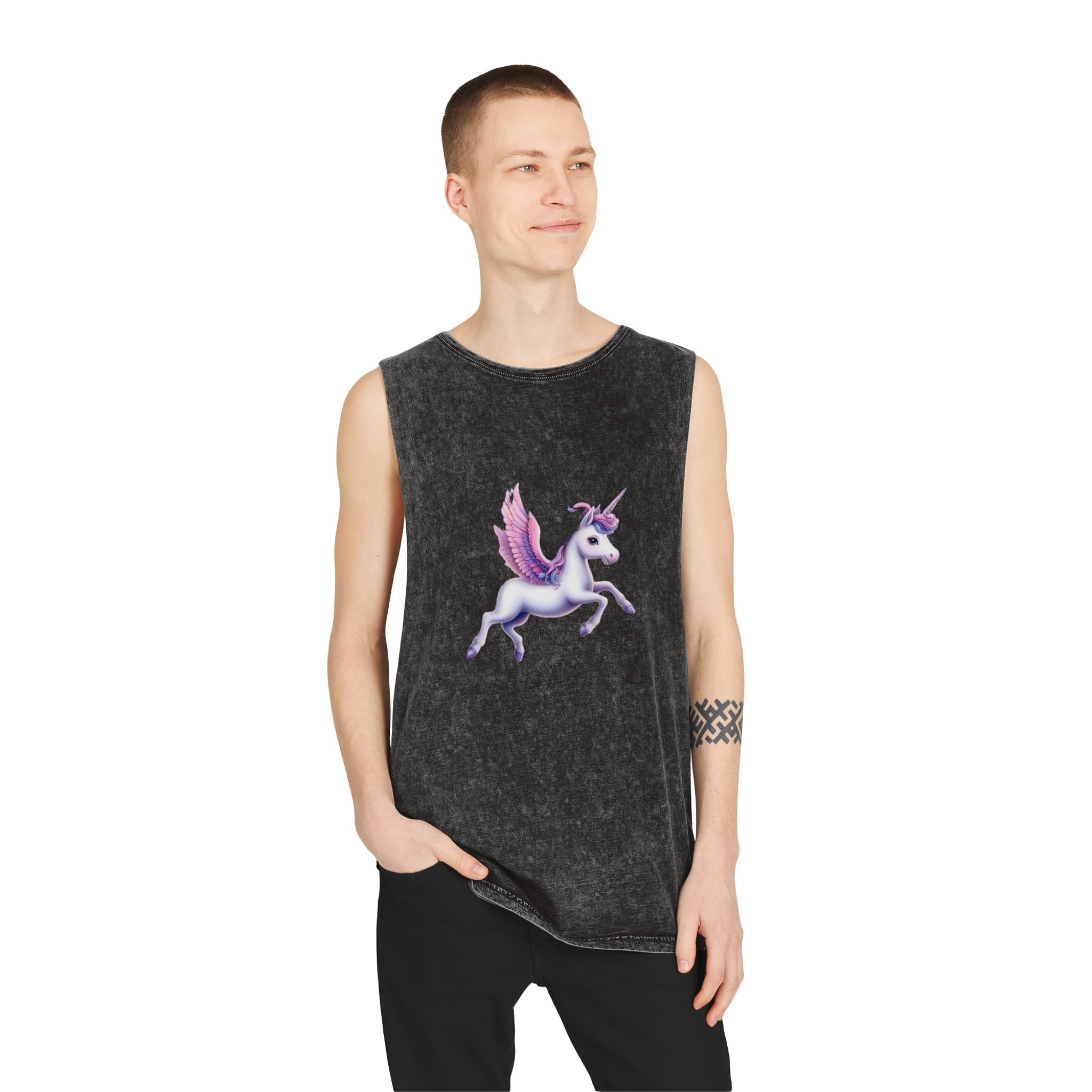 Beautiful Unicorn Running Magical Meadow Unicorn Background Images Whimsical Unicorn (41) Unisex Stonewash Tank Top - Image 3