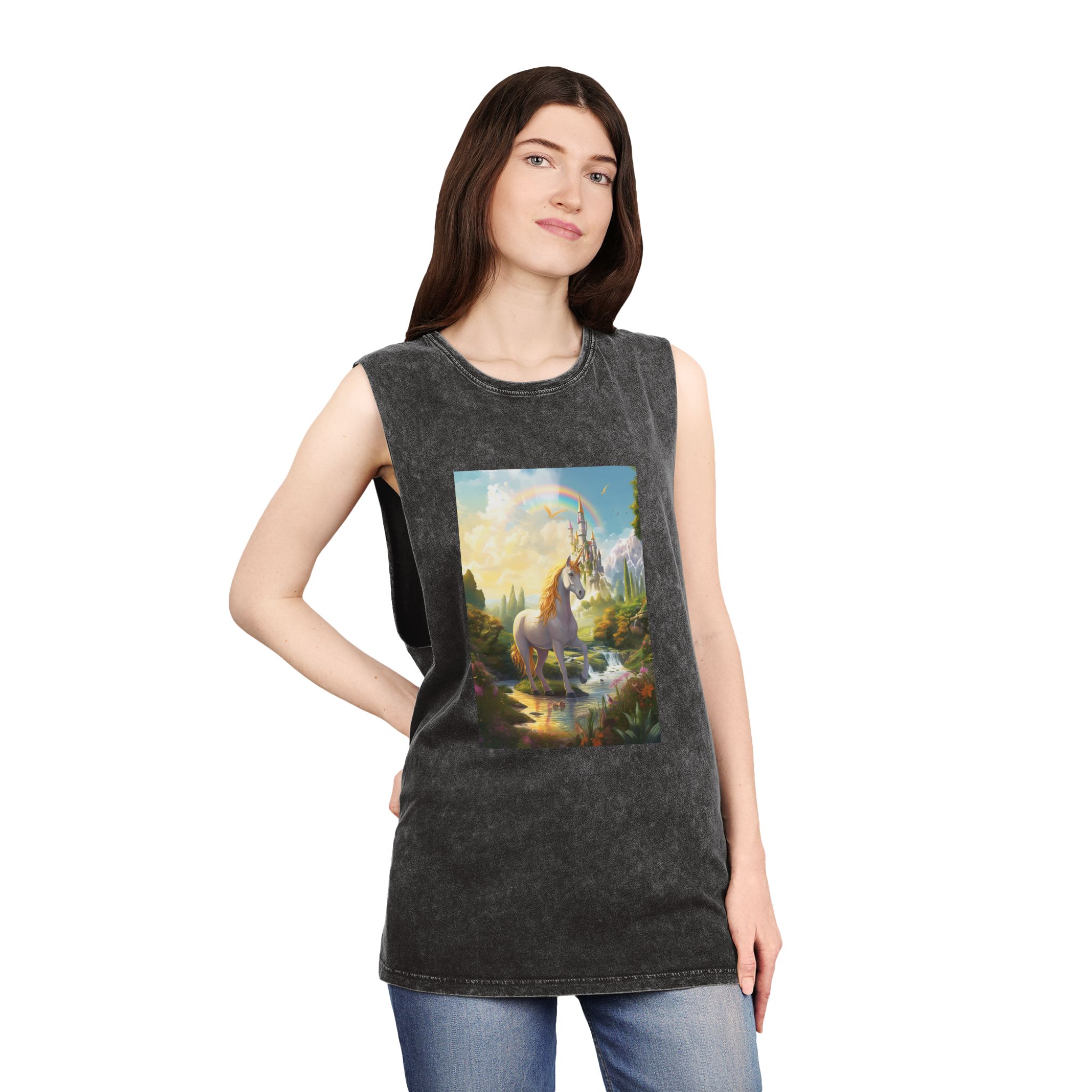 Painting Unicorn Fantasy Setting With Castle Background Generative Ai Unisex Stonewash Tank Top - Image 4