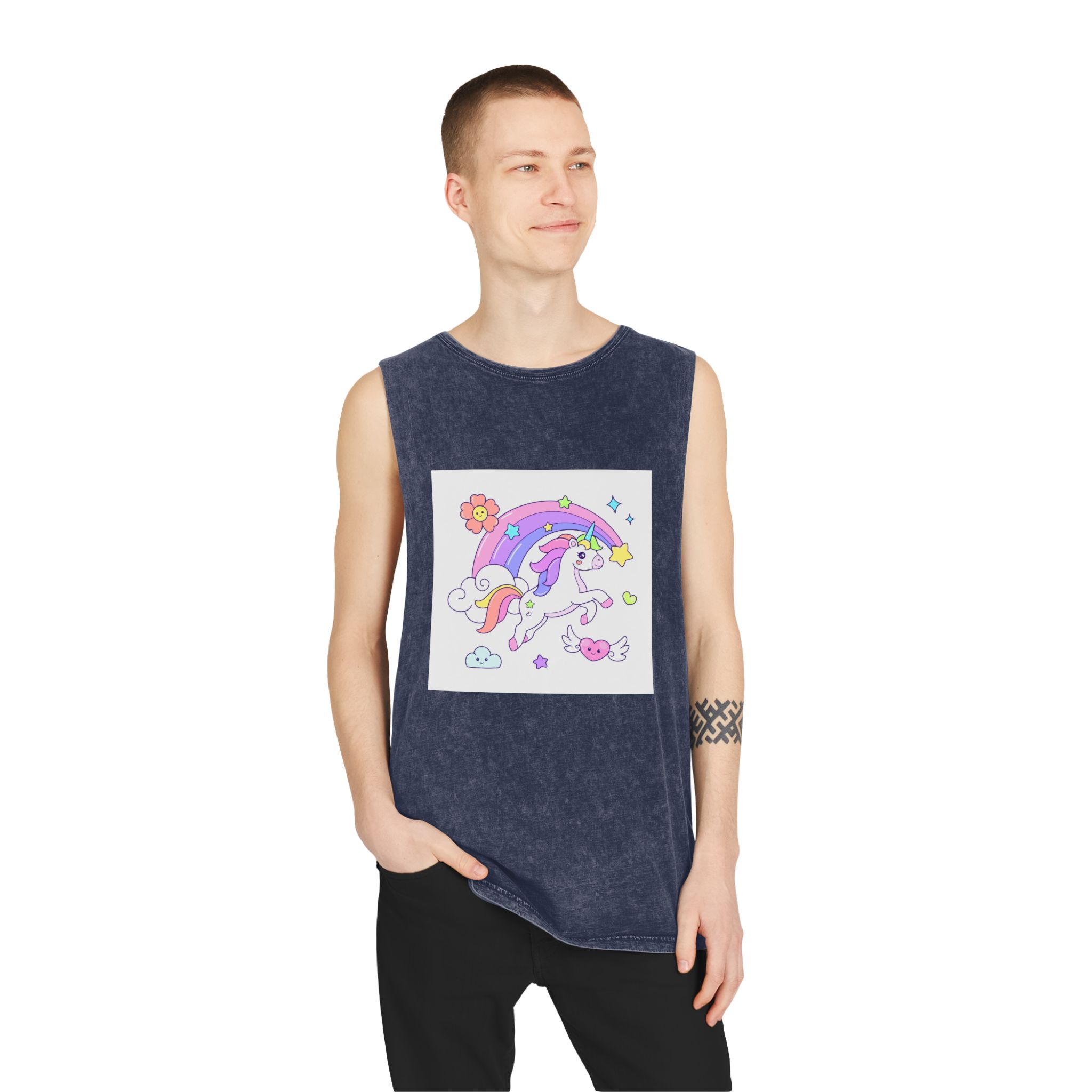 Cute Unicorn Flying Over the Rainbow Illustration Unisex Stonewash Tank Top - Image 15