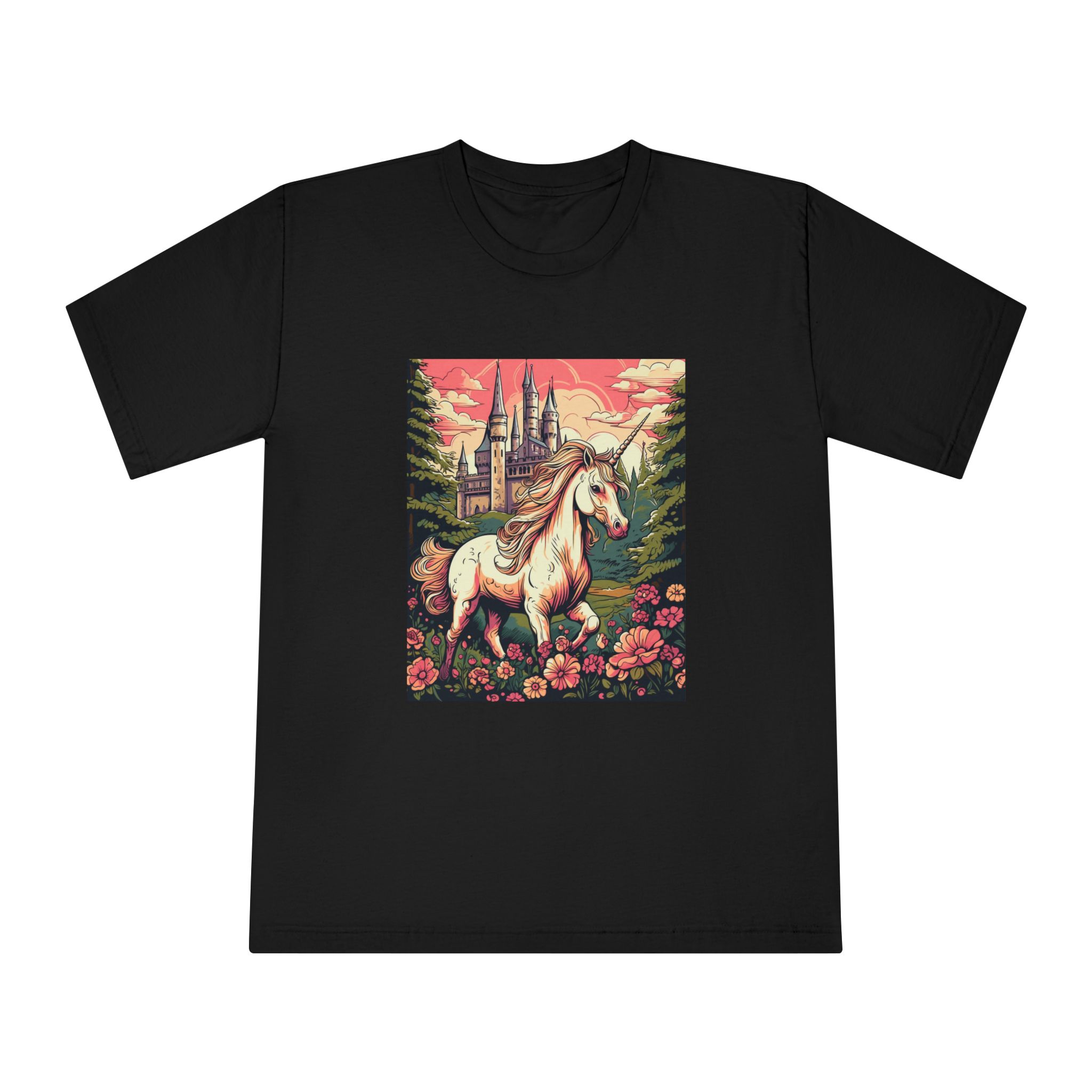 Unicorn Front Castle With Flowers Trees Generative Ai Unisex Classic Crewneck T Shirt - Image 5