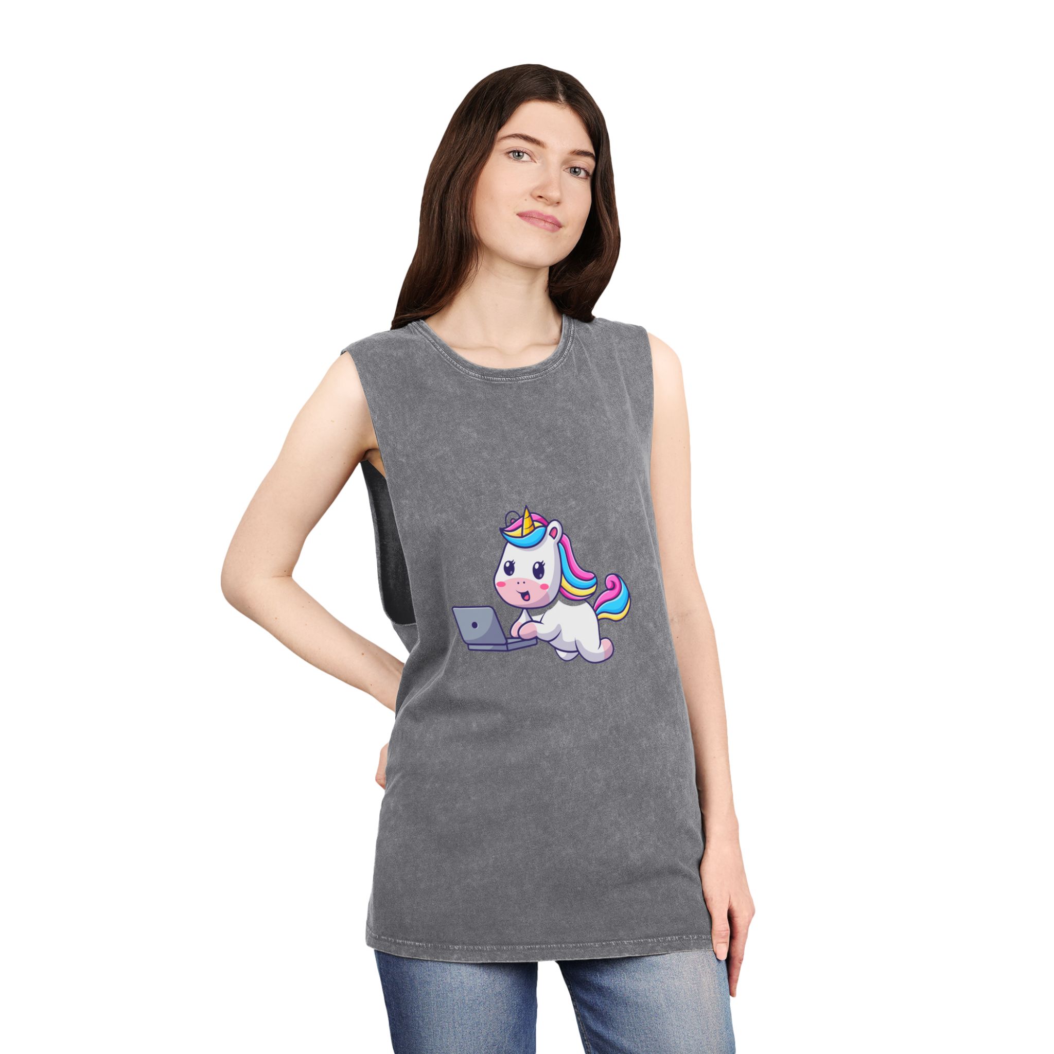 Cute Unicorn Computer Unisex Stonewash Tank Top - Image 12