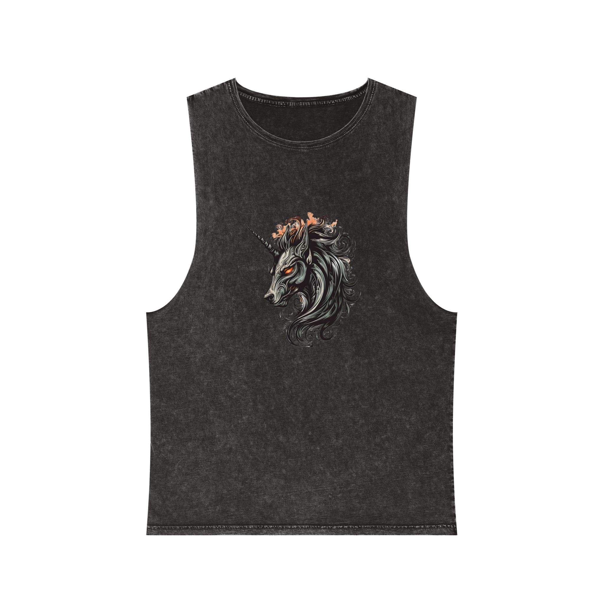 Unicorn Head Tshirt Tattoo Design Dark Art Illustration Isolated White (3) Unisex Stonewash Tank Top