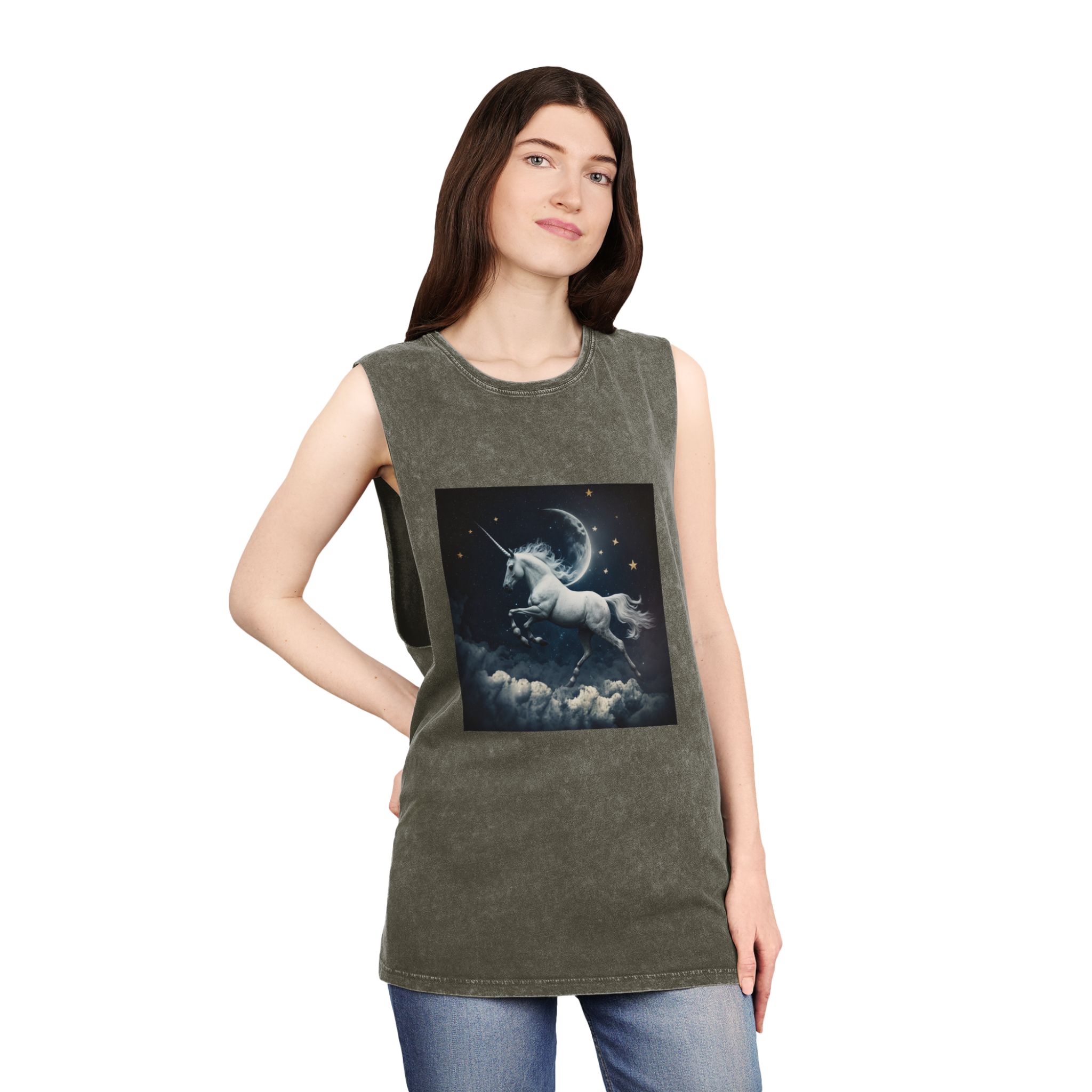 Unicorn Clouds With Full Moon Background Generative Ai Unisex Stonewash Tank Top - Image 8