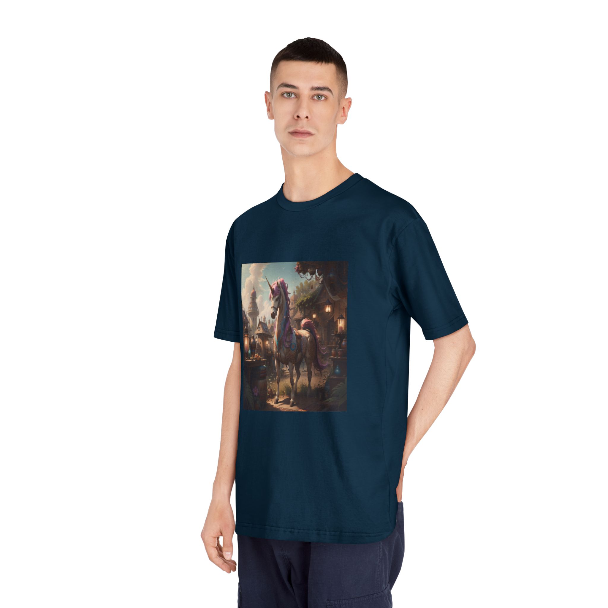 Unicorn With Purple Mane Stands Front Small Town With Lamp Post Unisex Classic Crewneck T Shirt - Image 20