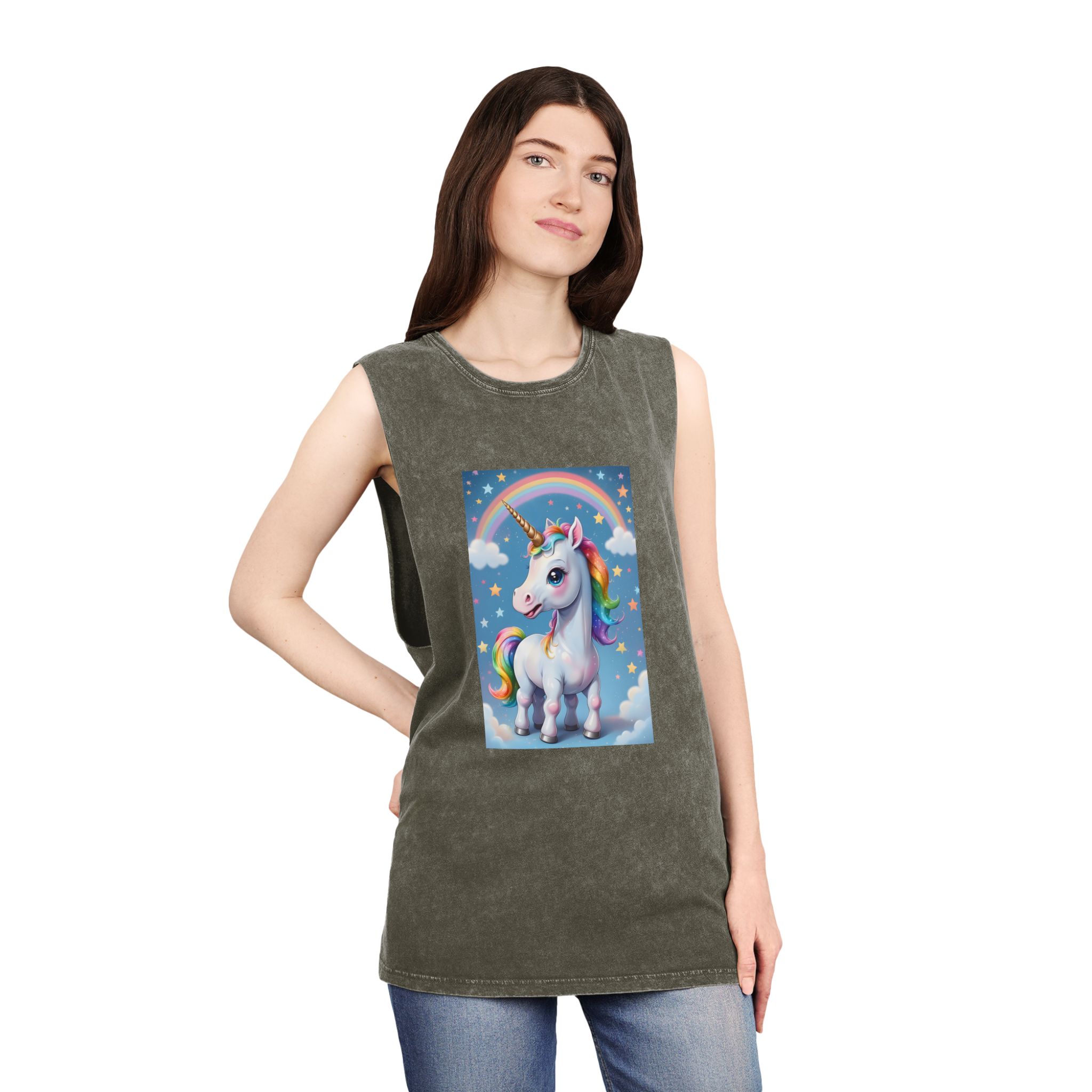 Happy Unicorn Background Sky Rainbow Copy Unisex Stonewash Tank Top - Image 8