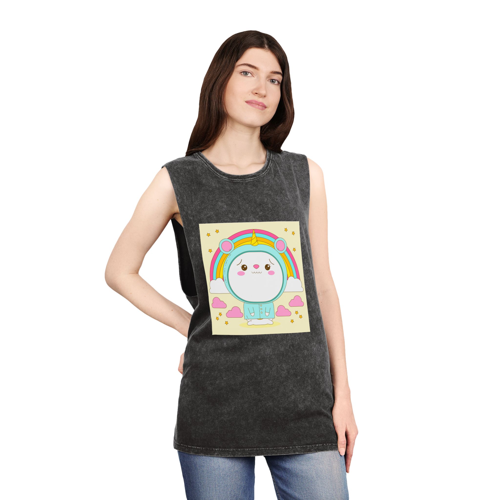Hand Drawn Kawaii Animal Unisex Stonewash Tank Top - Image 4