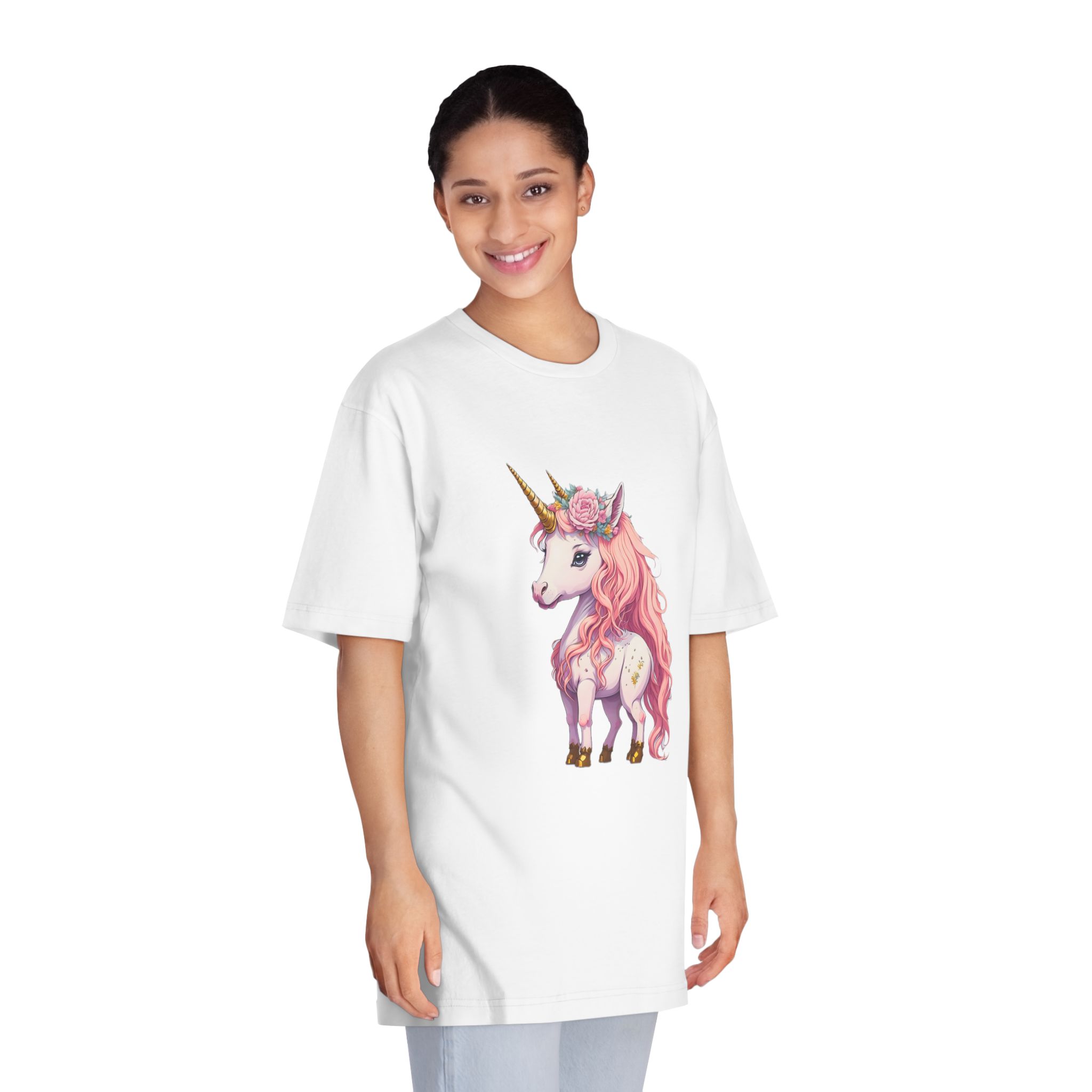 Pink Baby Unicorn Cartoon With Gold Horn Generative Ai Unisex Classic Crewneck T Shirt - Image 3
