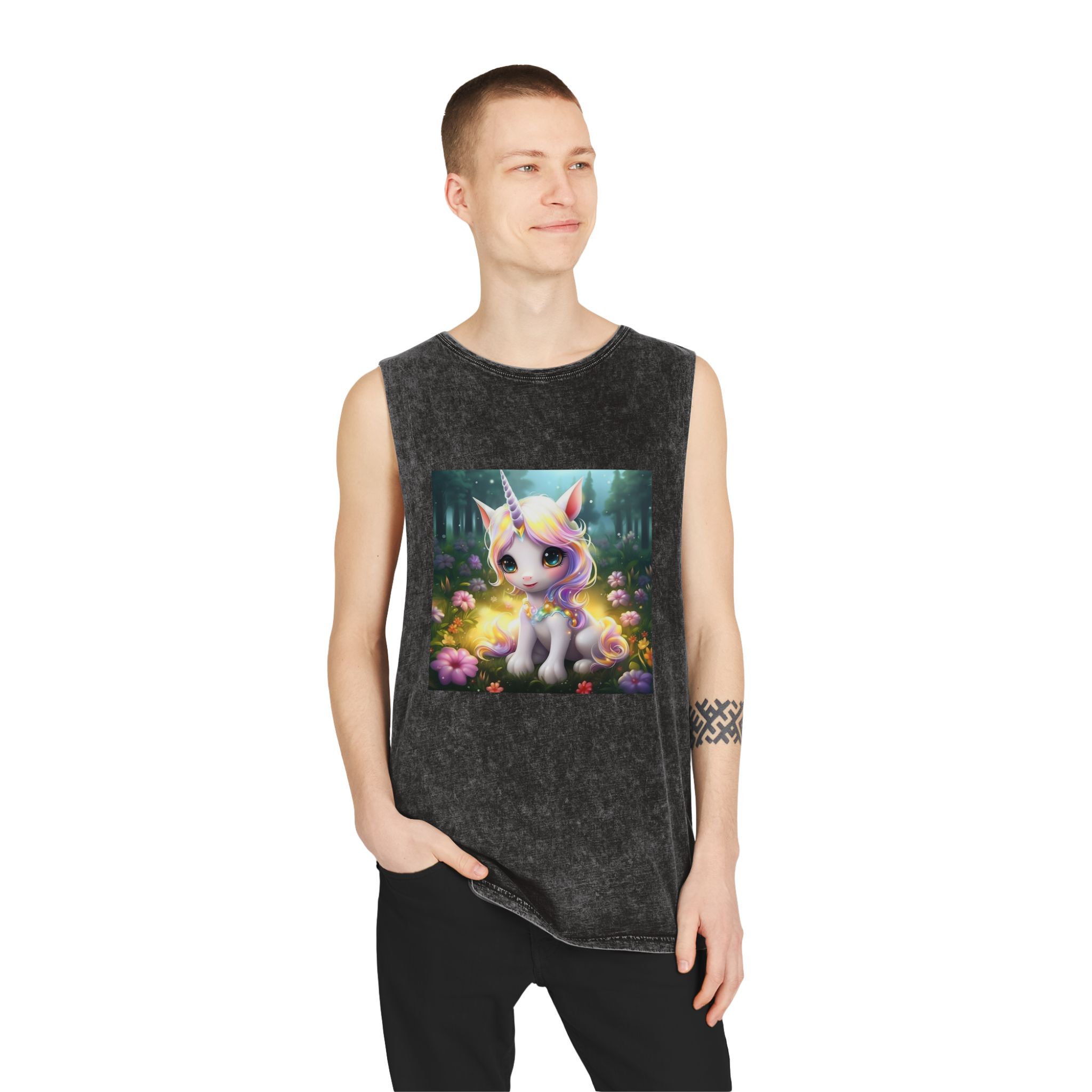 Unicorn Sitting Grass With Flowers Trees Background Generative Ai Unisex Stonewash Tank Top - Image 3