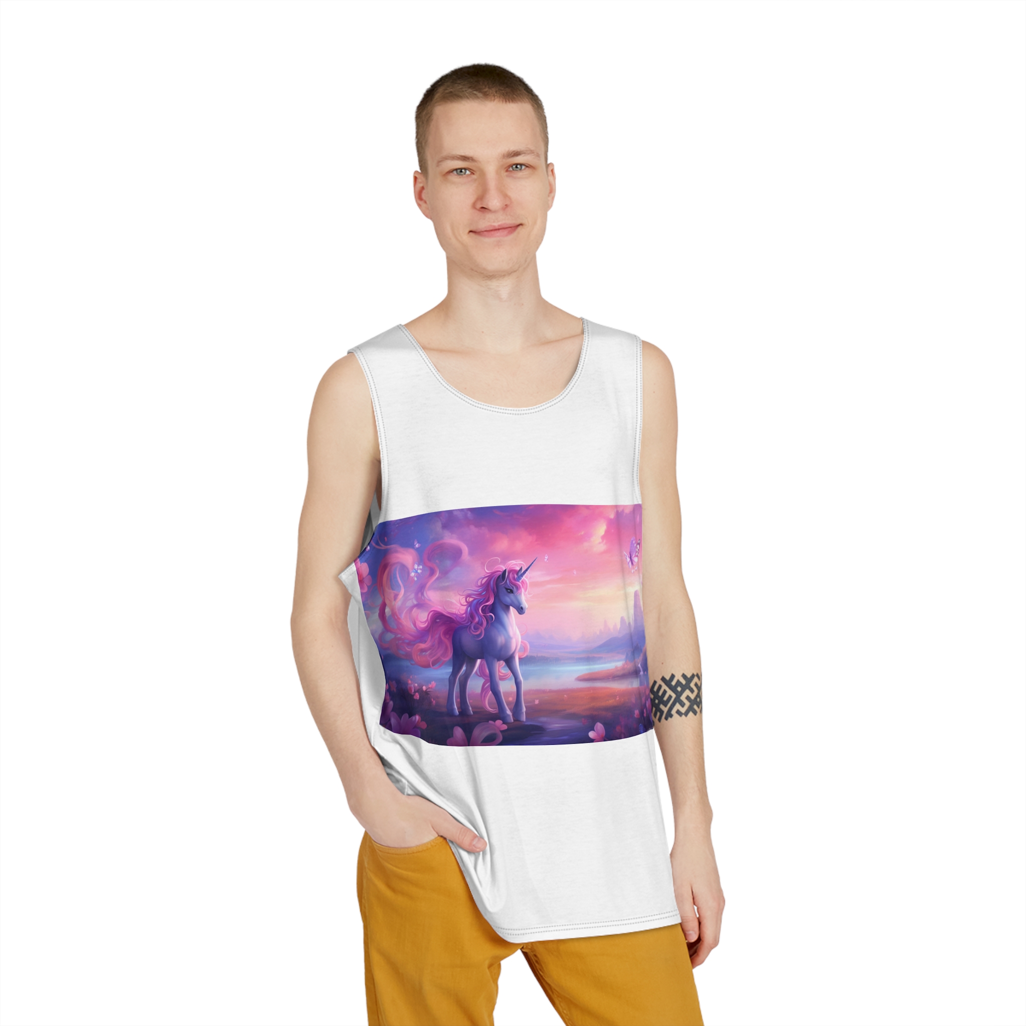 Unicorn Standing Field Flowers With Butterflies Flying Around Generative Ai Mens Tank Aop - Image 3
