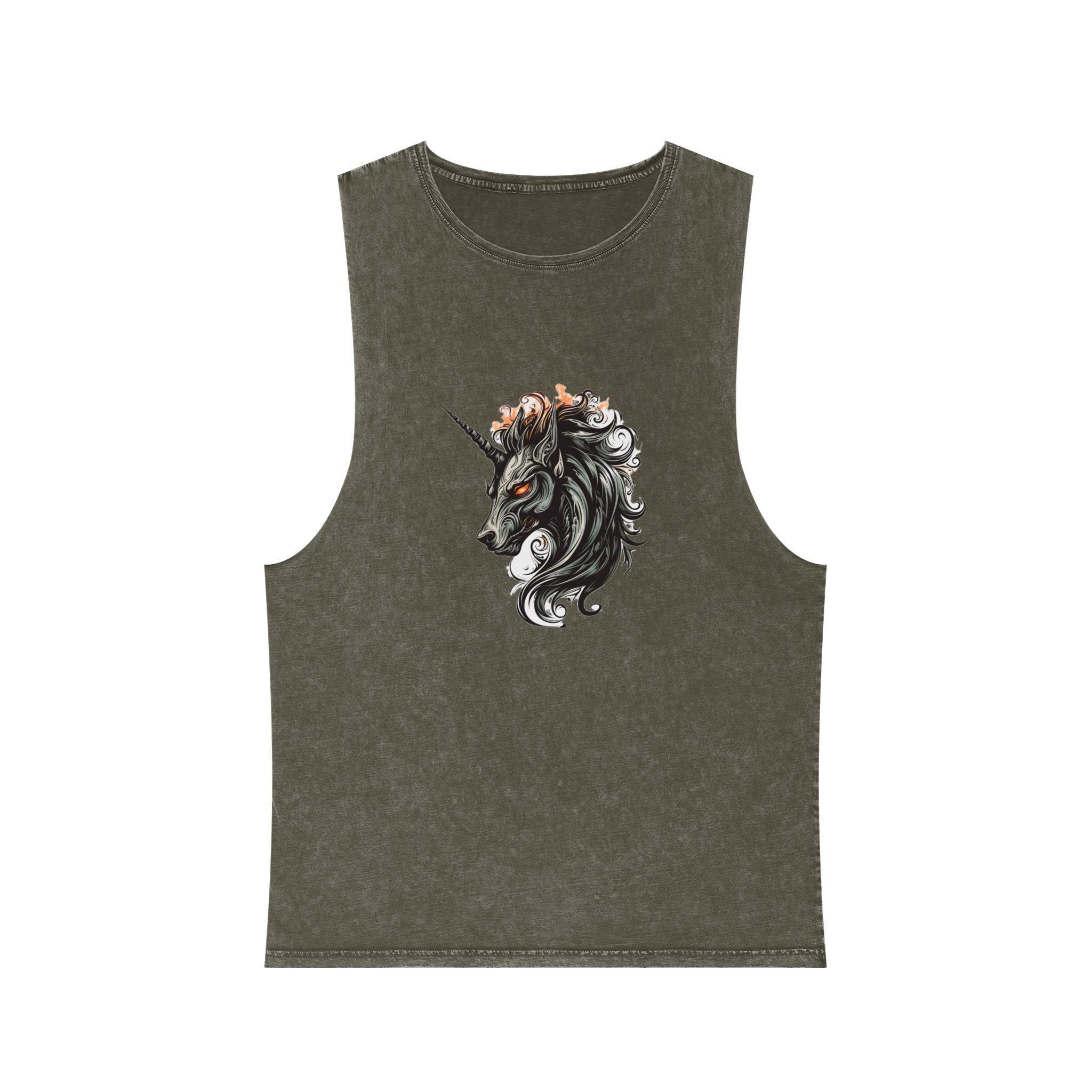 Unicorn Head Tshirt Tattoo Design Dark Art Illustration Isolated White Unisex Stonewash Tank Top - Image 5