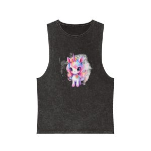 Cute Colorful Magic Unicorn With Flowers Watercolor Style (3) Copia Unisex Stonewash Tank Top