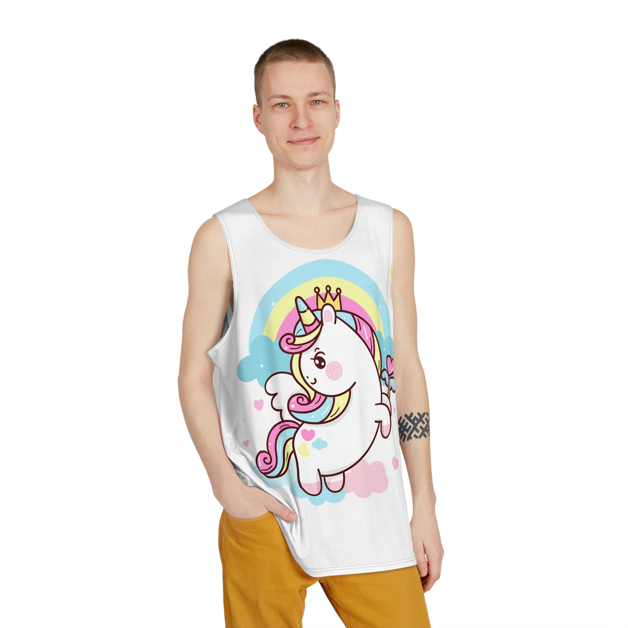 Cute Unicorn Vector Princess Pegasus Holding Heart Magic Wand On Pastel Sky With Sweet Cloud and Heart Pony Cartoon Kawaii Animals Background Mens Tank Aop - Image 3